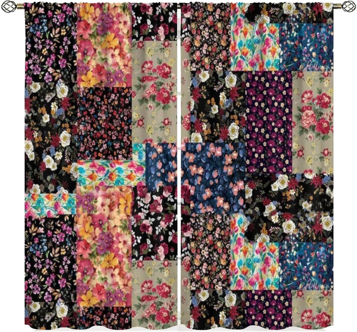 Patchwork Floral Curtains,Boho Vintage Flower Bohemian Paisley Floral Pattern Window Curtains for Living Room Bedroom Kitchen Bathroom 2 Panels 72x63 in Blackout