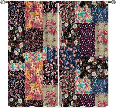 Patchwork Floral Curtains,Boho Vintage Flower Bohemian Paisley Floral Pattern Window Curtains for Living Room Bedroom Kitchen Bathroom 2 Panels 42x45 in Decor