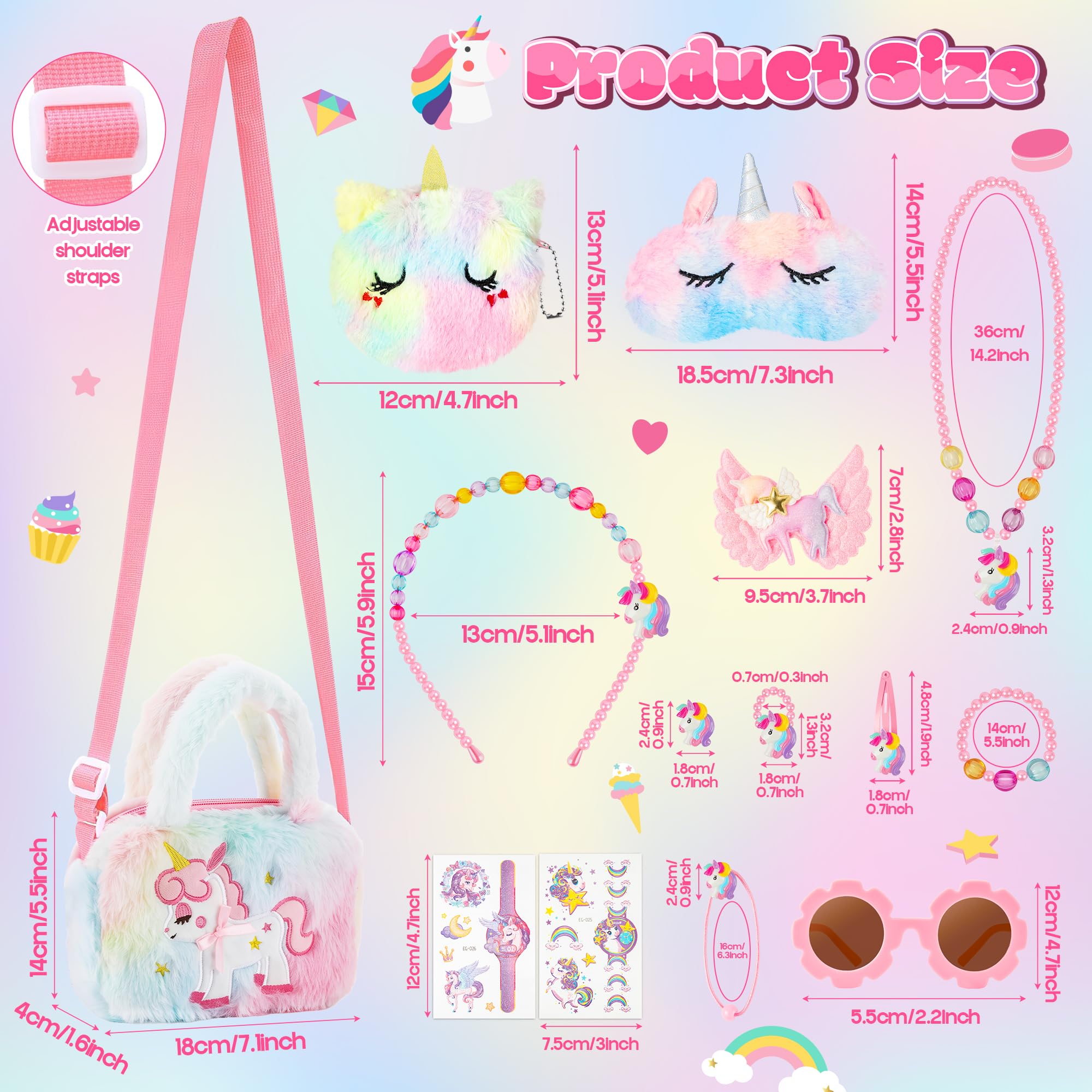 Einhorn Handtasche Schmuckset für Mädchen - Umhängetasche mit Kinderschmuck, Sonnenbrille, Tattoos, Haarspange, Geldbörse und Schlafmaske, Einhorn Geschenk für Mädchen 2-8 Jahre
