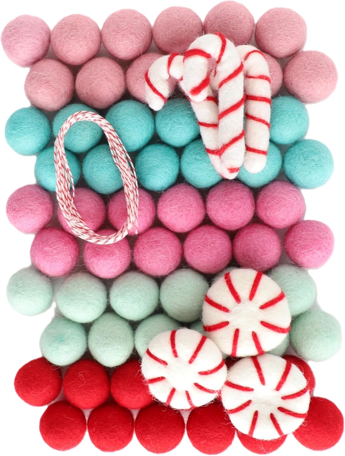 Mini Felt Factory | Felt Ball DIY Christmas Garland Wool 1 inch Pom Ornament Set Red Seasonal Winter Home Mantel Decor White Craft Project Supplies Kit | 10 Feet String (Boho Peppermint)