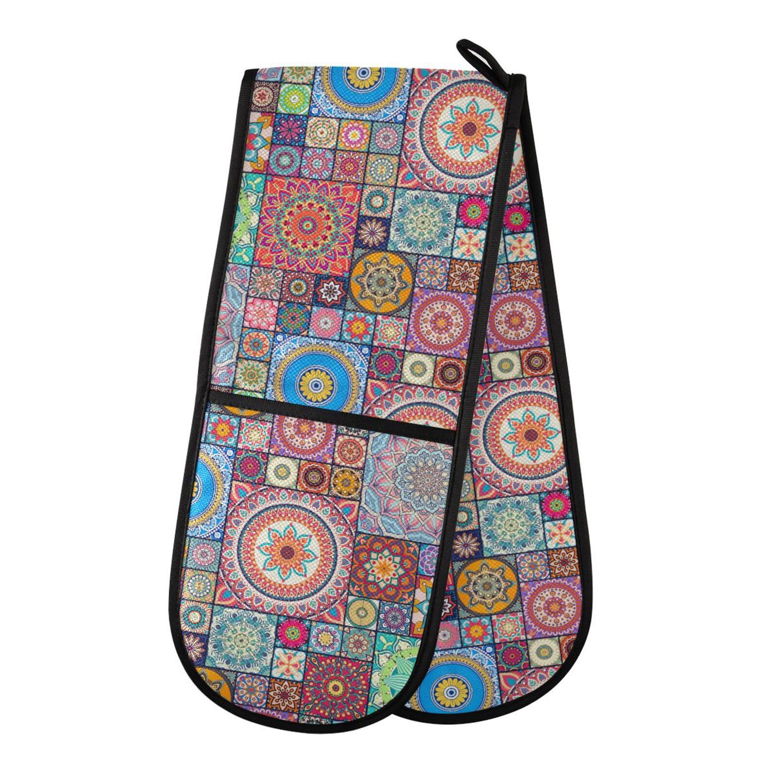 Moroccan Bohemian Mandala Double Oven Gloves Heat Resistant Pot Holder Oven Mitt Gloves for BBQ Cooking Baking Grilling Microwave