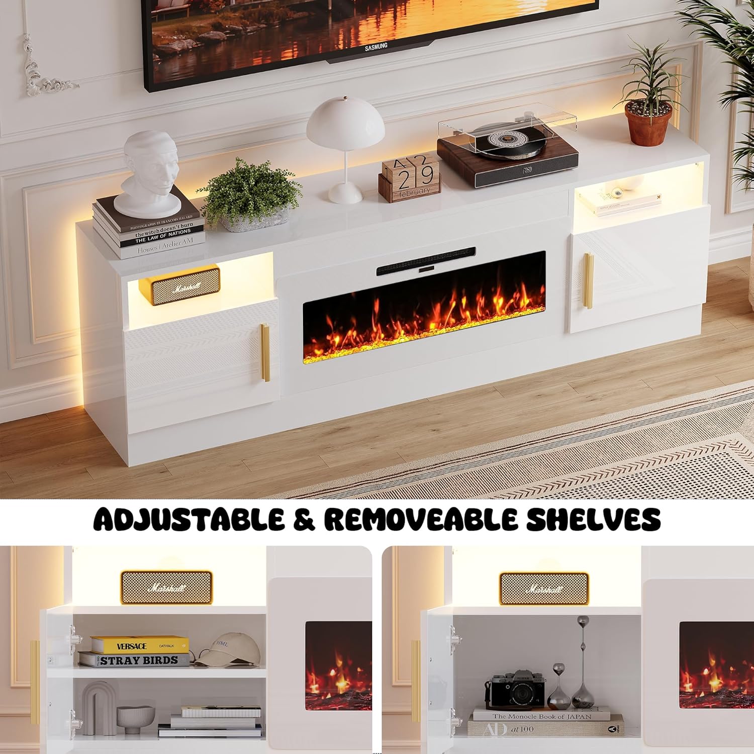 Fireplace TV Stand with 36’’ Electric Fireplace, 70'' TV Media Entertainment Center with Fireplace Up to 80 inch,Modern LED TV Console with High Gloss Cabinet for Living Room - Image 3