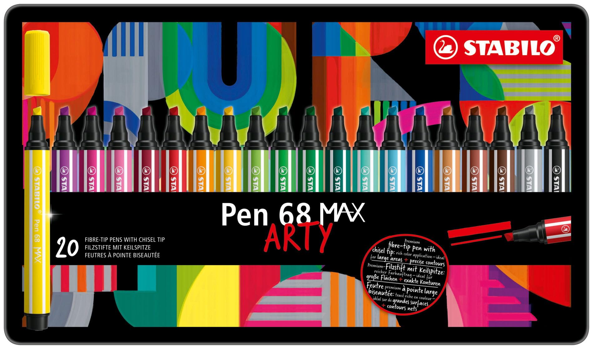 STABILO Pen 68 MAX ARTY - Feutre dessin - Boite métal x 20 feutres de coloriage à pointe biseautée