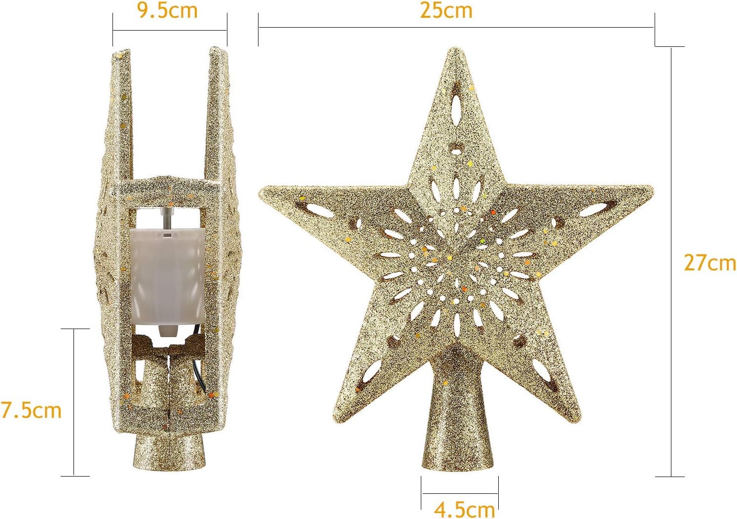 Christmas Tree Topper Lighted Star Tree Toppers with LED Rotating Snowflake Projector Lights, 3D Hollow Silver Star Snow Tree Topper for Christmas Tree Decorations (Gold)
