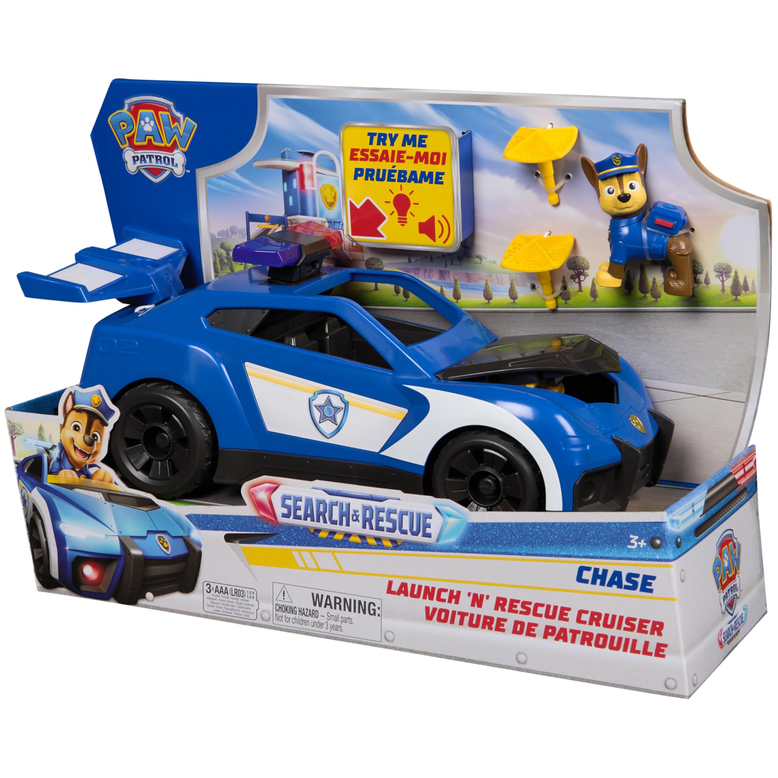 Paw Patrol: Search & Rescue, Auto della Polizia di Chase con Personaggio e 2 Proiettili, Luci, Suoni e Lanciatore Nascosto, Giocattoli per Bambini e Bambine, 3+ Anni