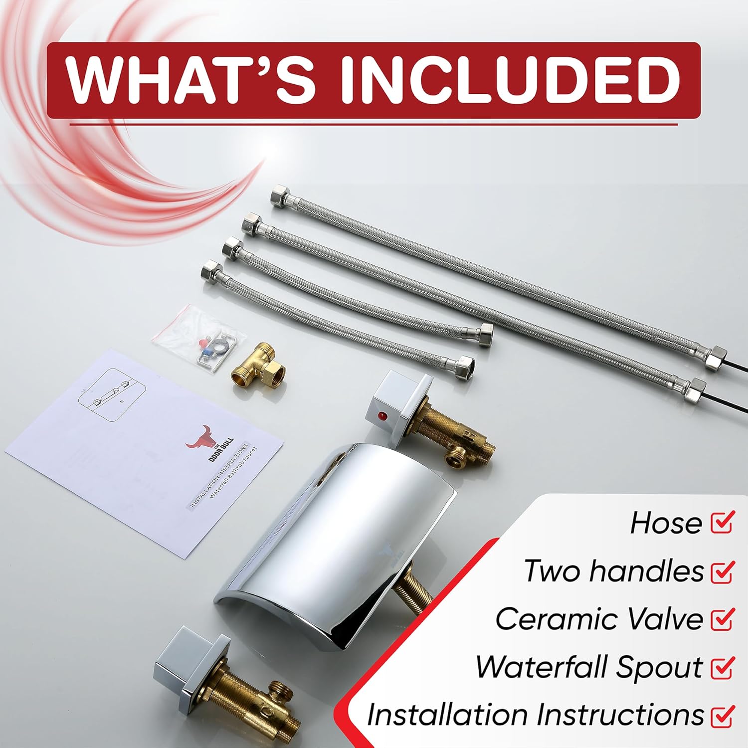 Roman Tub Faucet | Waterfall Tub Filler | Deck Mount Brass Faucet | 3-Hole with 2 Handles | High Flow, Anti-Corrosion, Modern Design