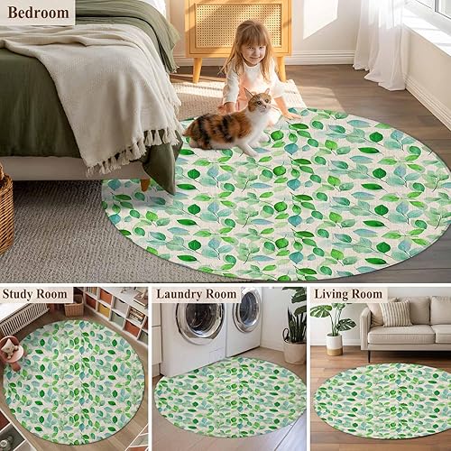Miniatura 5 de Round Rugs 5ft, Green Leaves Non-Slip Area Rugs for Living Room Bedroom Entryway, Botanical Abstract Color Retro Plants Washable Carpet Runner Rug