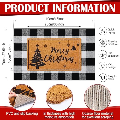 Miniatura 3 de Geelin 2 tapetes de Navidad para puerta delantera, color blanco y negro, a cuadros, decorativo, imitación de fibra de coco, tapete de bienvenida