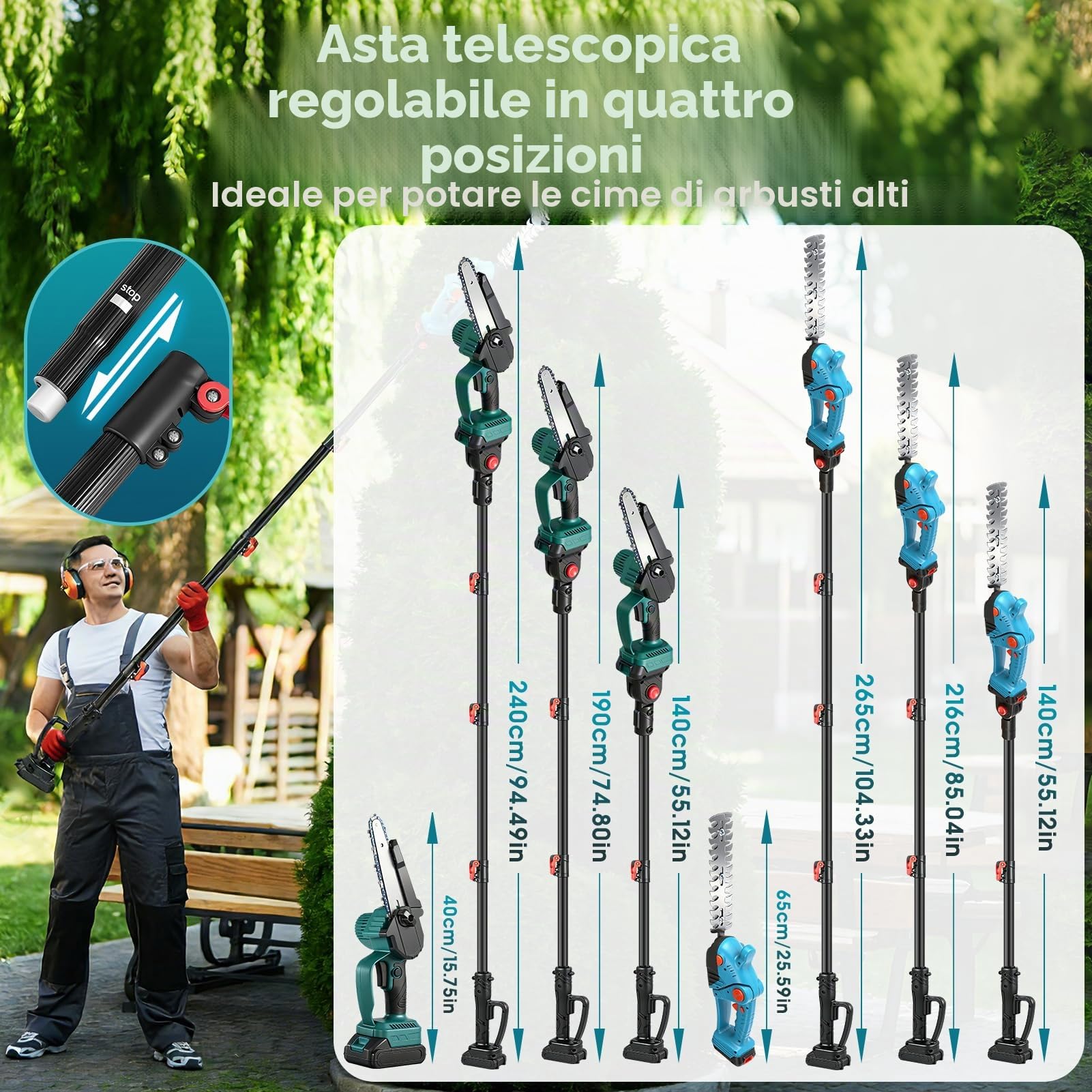 Motosega e tagliasiepi a batteria telescopica Combo, 4 in 1, mini motosega elettrica da 8 pollici, con batteria da 2 x 2000 mAh, 4 catene, guanti protettivi, adatti per cesoie da potatura e per la