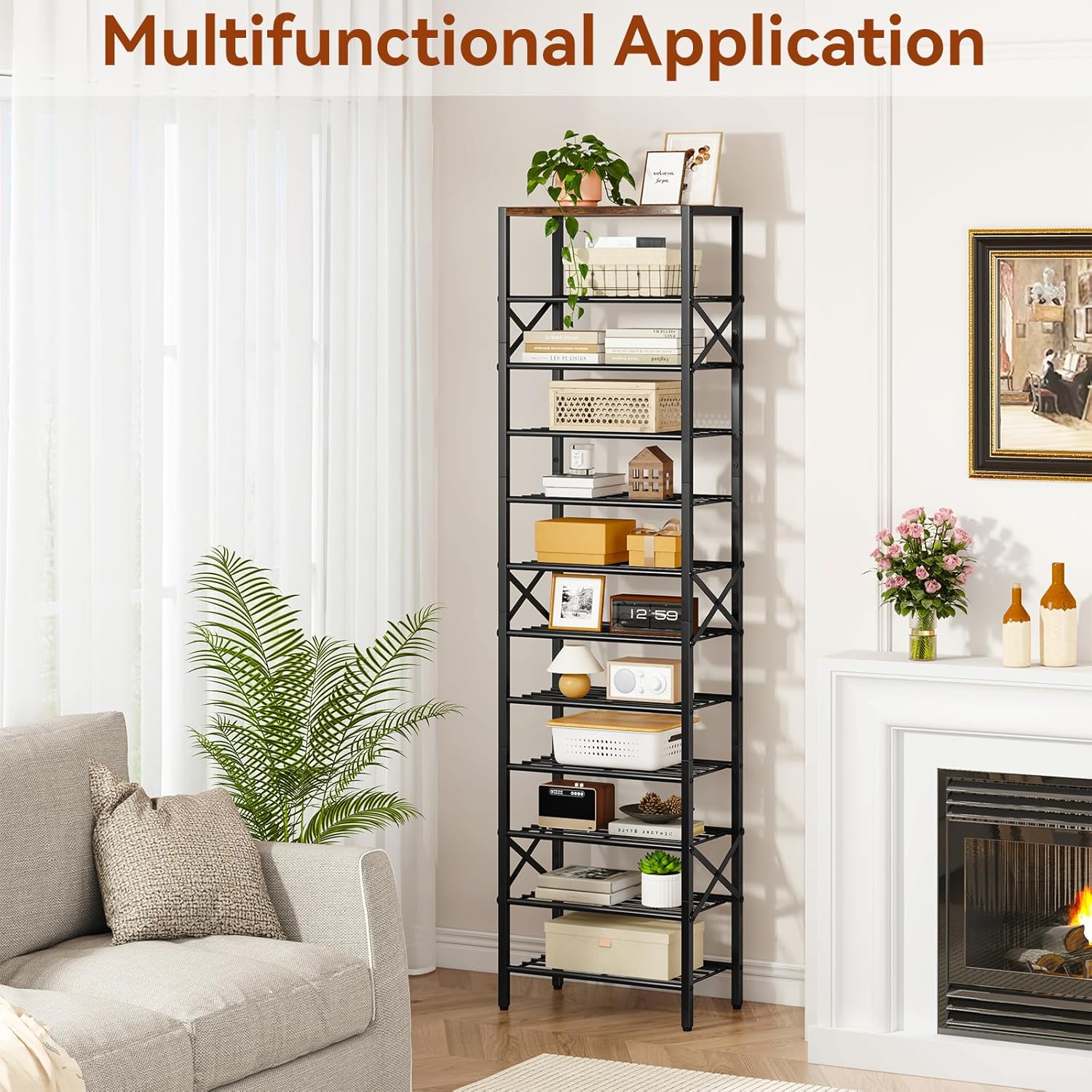 IBUYKE 12 Tier Narrow Shoe Rack, Vertical Tall Shoe Storage Organizer for 24 Pairs of Shoes, Metal Corner Shoe Storage Rack with Shelf for Entryway Hallway Living Room, Rustic Brown TXJ012H