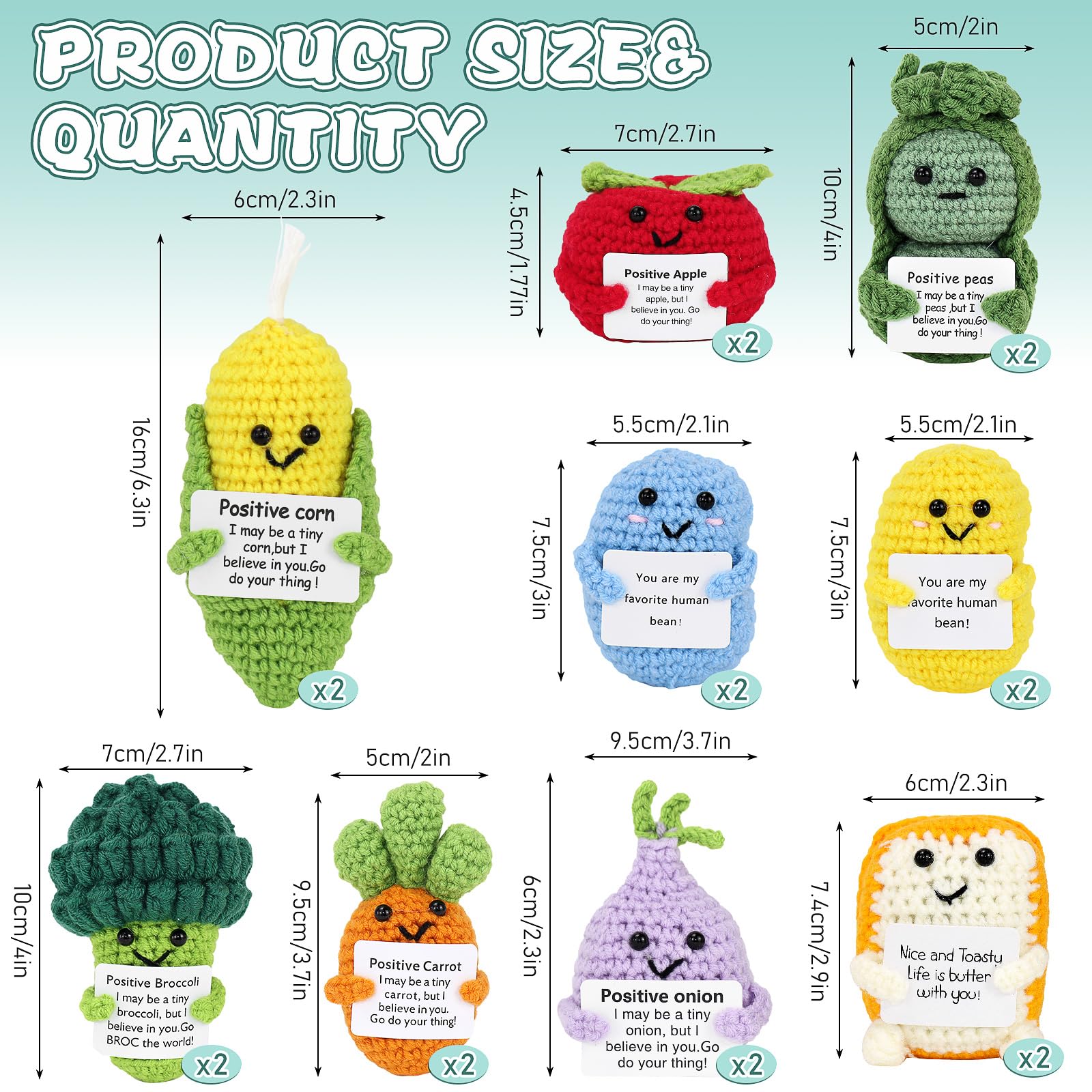 18 Pcs Positive Fruit Sunflower Emotional Crochet Dolls Bulk Support Encouragement Emotional Knitted Crochet Gifts with Positive Words for Friends Coworker Decorations Home Office (Vegetable) - Image 2