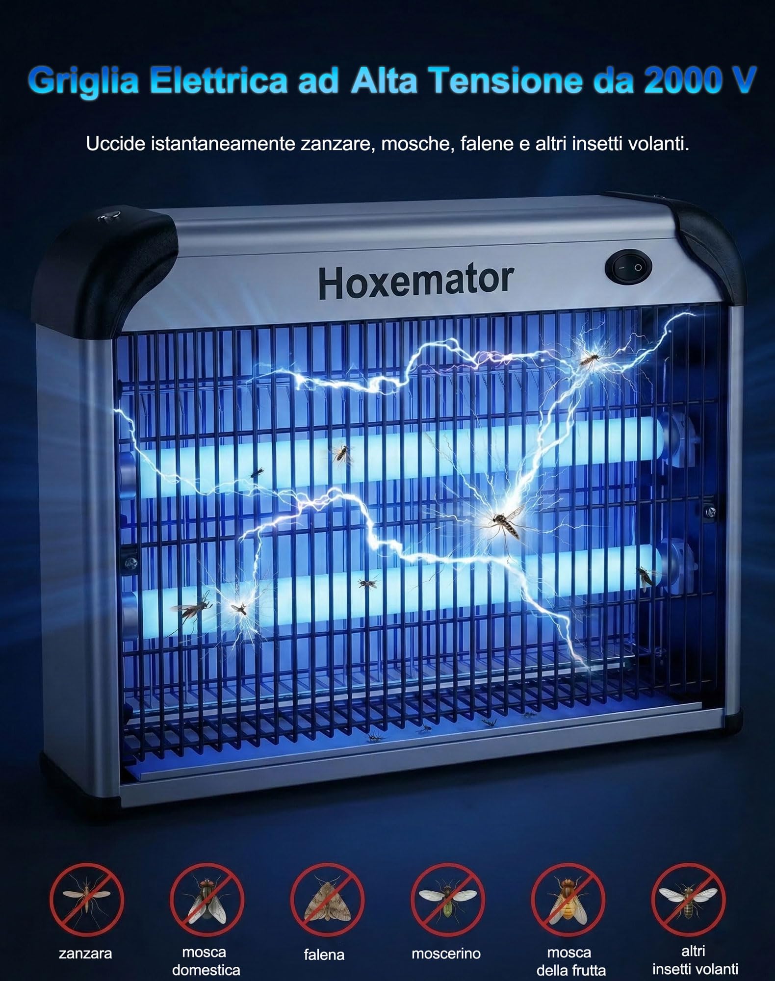 Antizanzare Elettrico 20W Lampada Zanzare con Luce UV 365nm, Zanzariera Elettrica Esterno e Interno, Chimica-Free, Silenziosa Trappola Insetti e Mosche per Camera, Cucina, Patio, Giardino