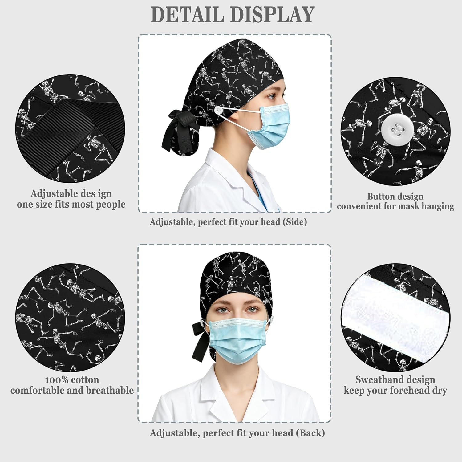 Ponytail Scrub Cap for Women - Surgical Caps with Breathable Fabric,Comes with a Matching Bow Scrunchie Hair Tie