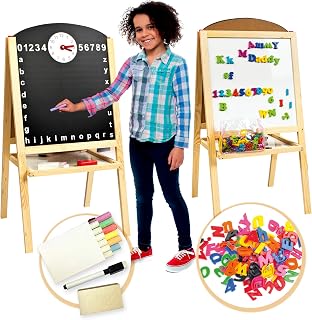 Leomark Kids Double Sided Wooden Easel - XXL - Magnetic Whiteboard with Clock and 104 Accessories, Chalkboard with Adjustable Height, Educative Toy for ChildrenH 109 cm