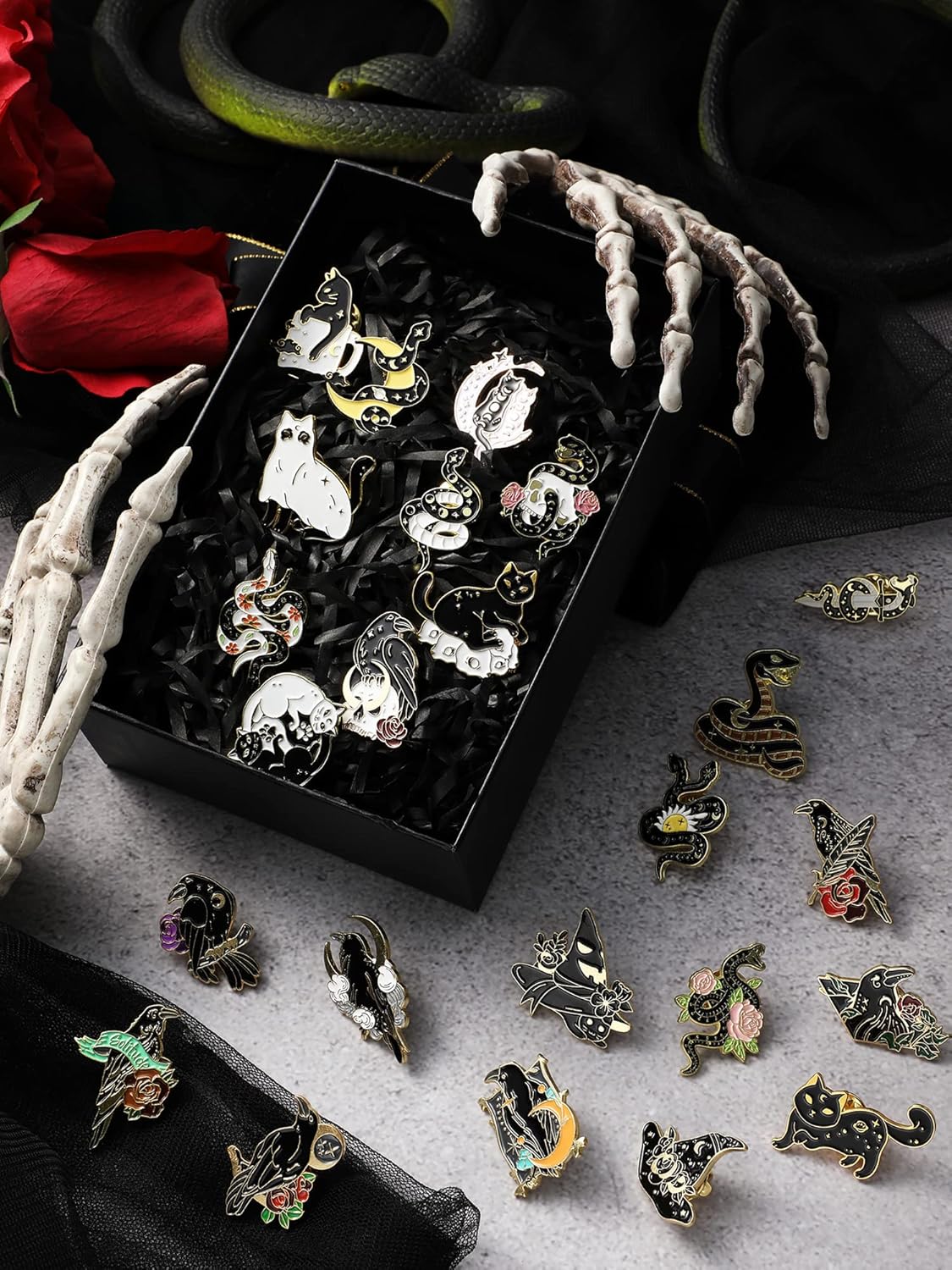 25 Pieces Black Gold Pins Set Backpack Brooches Gothic Pins Crow Snake Cat Button Badges Cool Horror Brooches Cute Aesthetic Badges for Clothing Bags Lapel Jackets DIY Decoration - Image 2