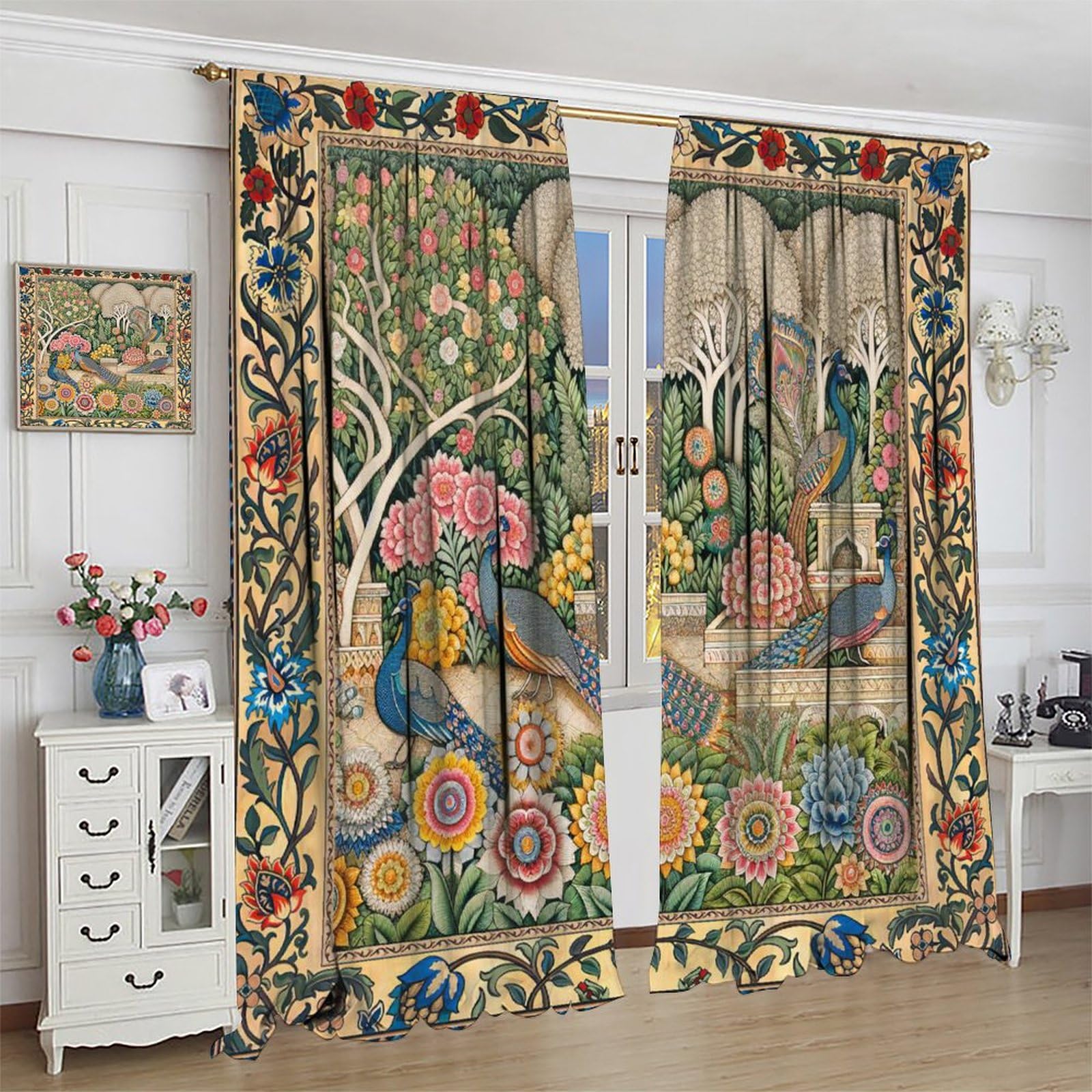Amazon｜William Morris カーテン 水彩 ヴィンテージ 孔雀 花 ボーホー