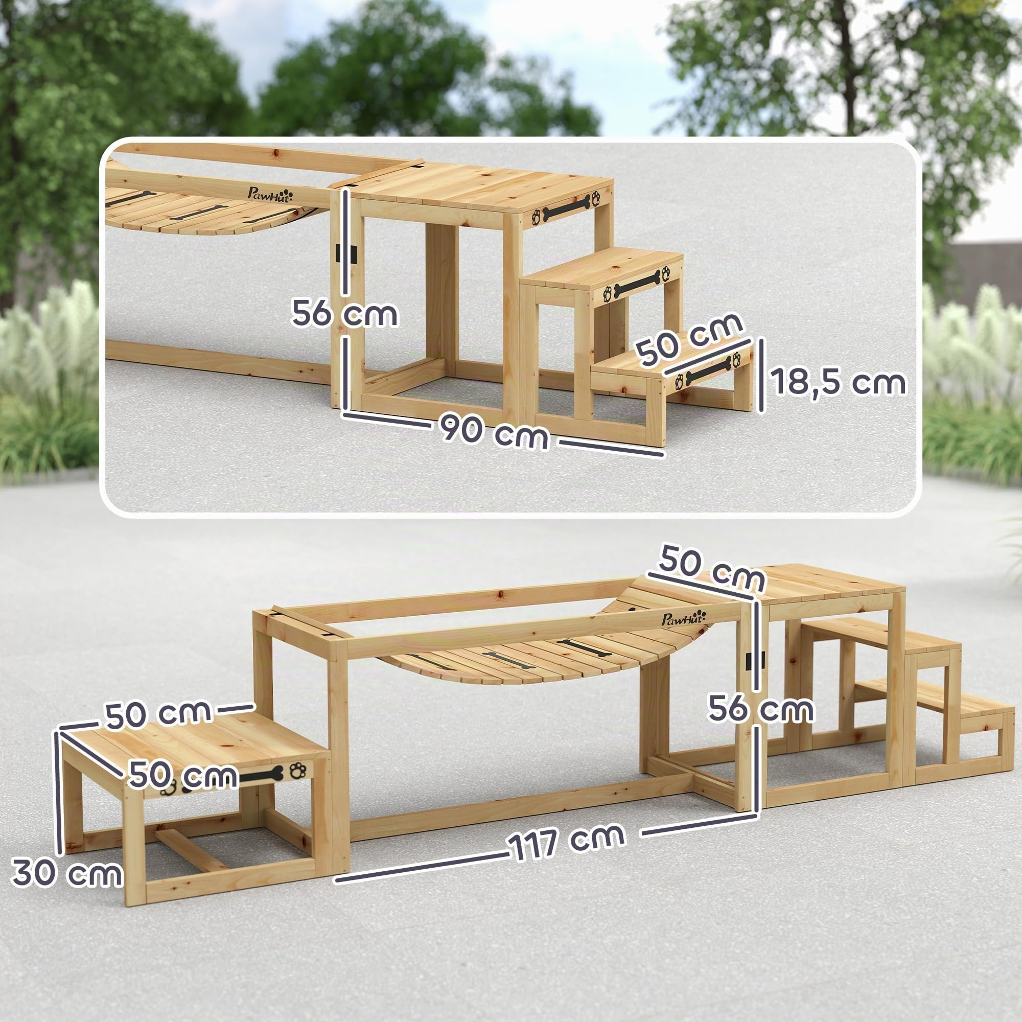 PawHut Attrezzatura Agilità Cani 3 Pezzi Set Legno Naturale | Ponte Morbido, Piattaforma Pausa, Scala per Animali da Esterno