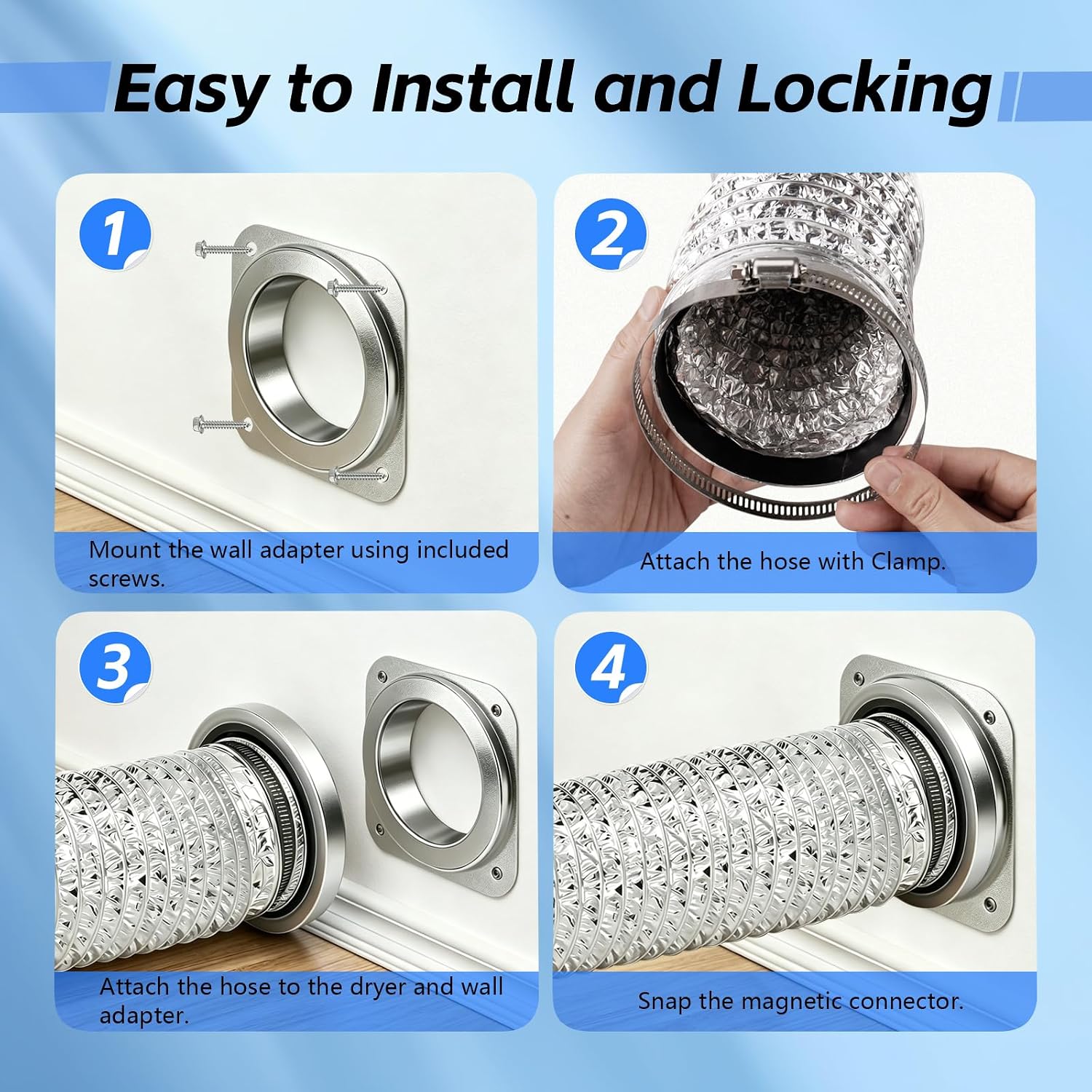 Magnetic Dryer Vent Kit 4 Inch, Quick Connect Flexible Aluminum Ducting, Self-Aligning Magnetic Connector for Tight Spaces, Complete Installation Kit with Clamps & Screws
