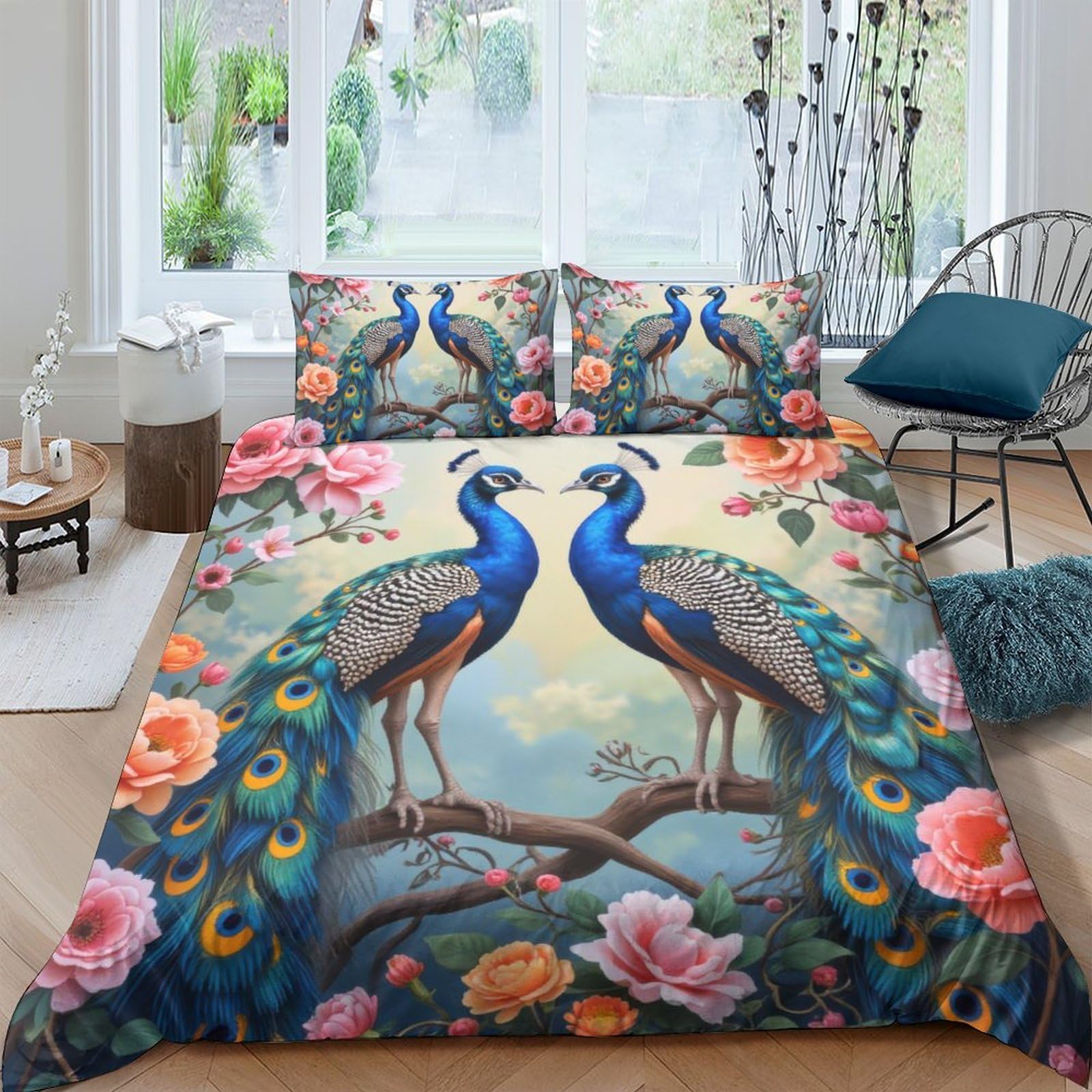 Ctjqhvkz Style-10 3D Printed Peacock Garden Fitted Sheet Microfiber Slip-Resistant Mattress Cover For Bedroom Guest Room Decor Easy Care Single（135X200cm）