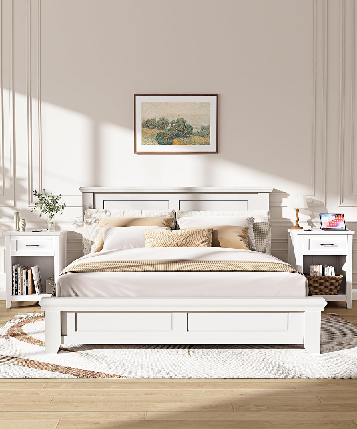 Farmhouse Nightstand with Charging Station & Large Storage, Set of 2 Modern End Tables with Outlets, USB Ports and Type-C Ports, Easy Assembly for Bedroom (Pure White)