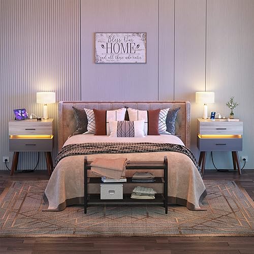 Miniatura 2 de Armocity Mesitas de noche con estación de carga y luz LED mesita de noche con cajones moderna mesita de noche con puerto de carga soportes de noche