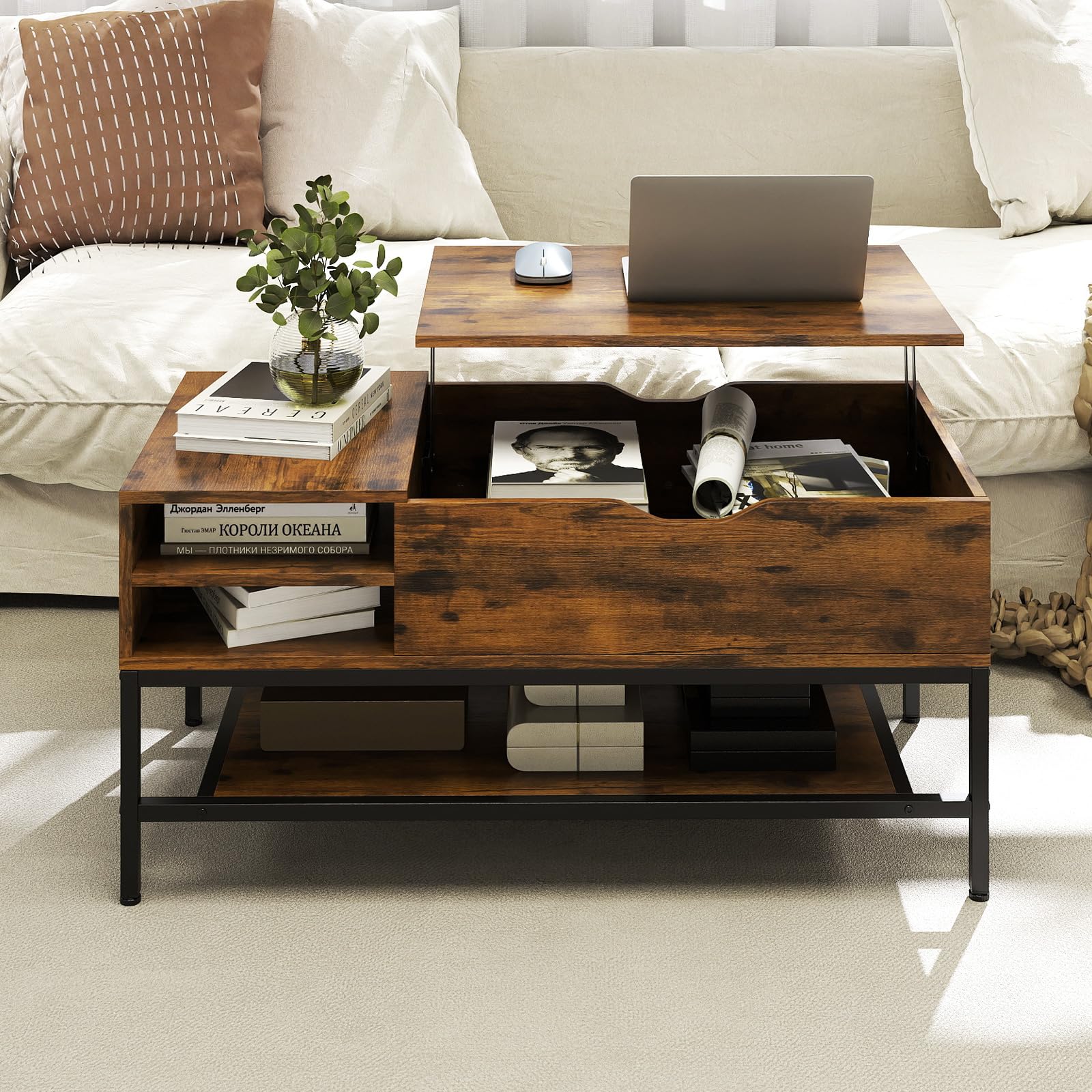 GIANTEX Couchtisch Höhenverstellbar, Wohnzimmertisch mit Stauraum, Tisch Wohnzimmer mit Offenem Fach & Ablagefach, Sofatisch Kaffeetisch Holz Metallrahmen, Beistelltisch Couch Tisch 100x49,5x47,5 cm