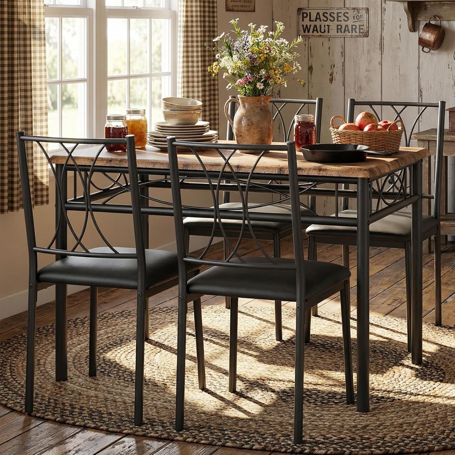 IDEALHOUSE 5-Piece Dining Table Set for 4, Rectangular Kitchen Table with Upholstered Chairs Set for 4, Sturdy Metal Frame, Space-Saving for Apartments, Dinner, Dining, Small Space, Rustic Brown