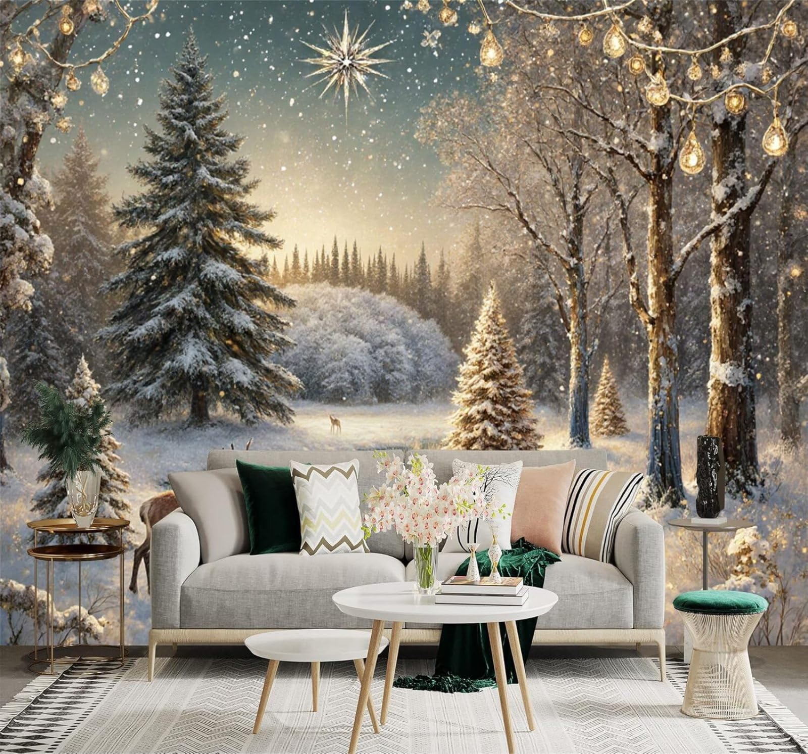 XLMING Winter Forest Deer Starry Sky River Snowy Landscape 3D Wallpaper Premium Textured Silk Study Dining Living Room Bedroom Sofa TV Wall Easy Install-400cm×280cm