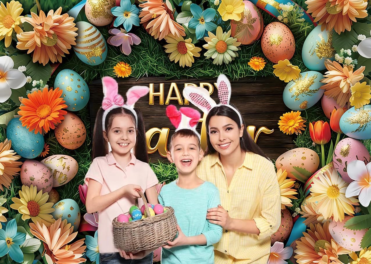 Happy Easter Backdrop 8x6FT Spring Green Lawn Flowers Colorful Eggs Photography Background Easter Party Decorations Supplies Photo Props