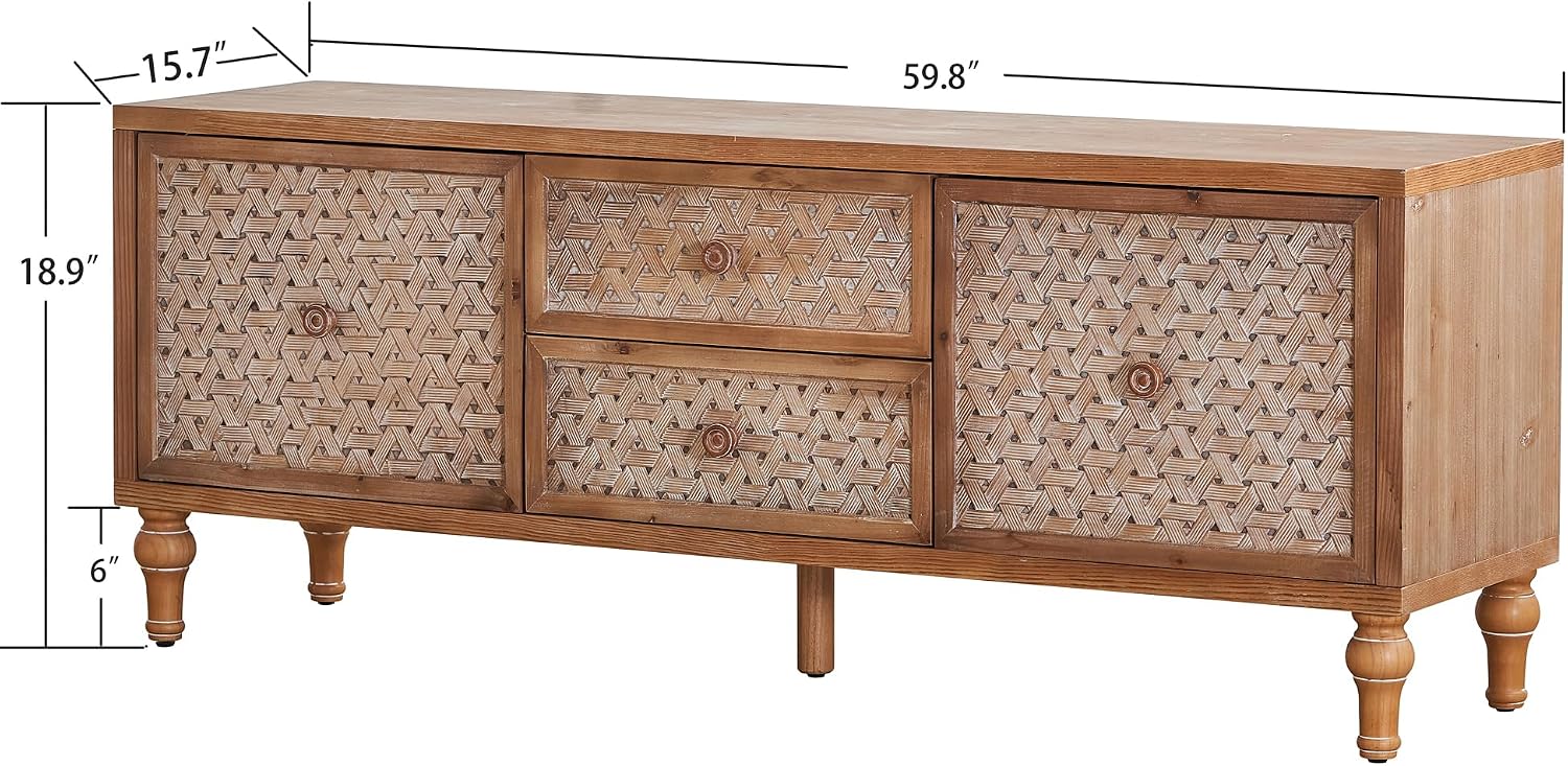 JIJIWANG 59.84" Wood Rattan TV Stand up to 60'', Mid Century Distressed TV Stand Console Table with Drawer and Door,Boho Entertainment Center for Living Room,Brown