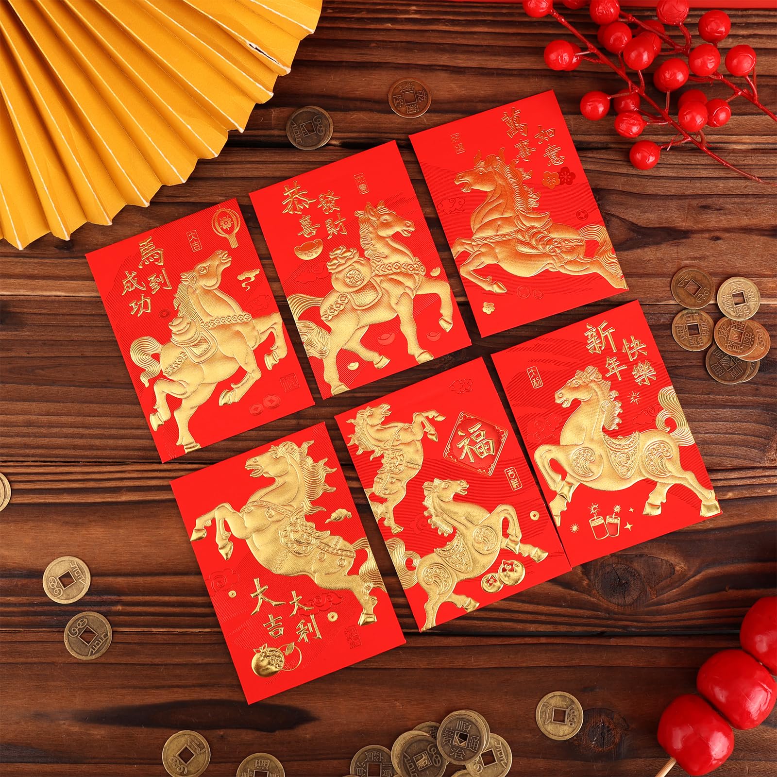 Buste Rosse per Capodanno Cinese 2026 Feng Shui 11,5x8cm 36pz con 50pz Monete Cinesi (6 Stili)