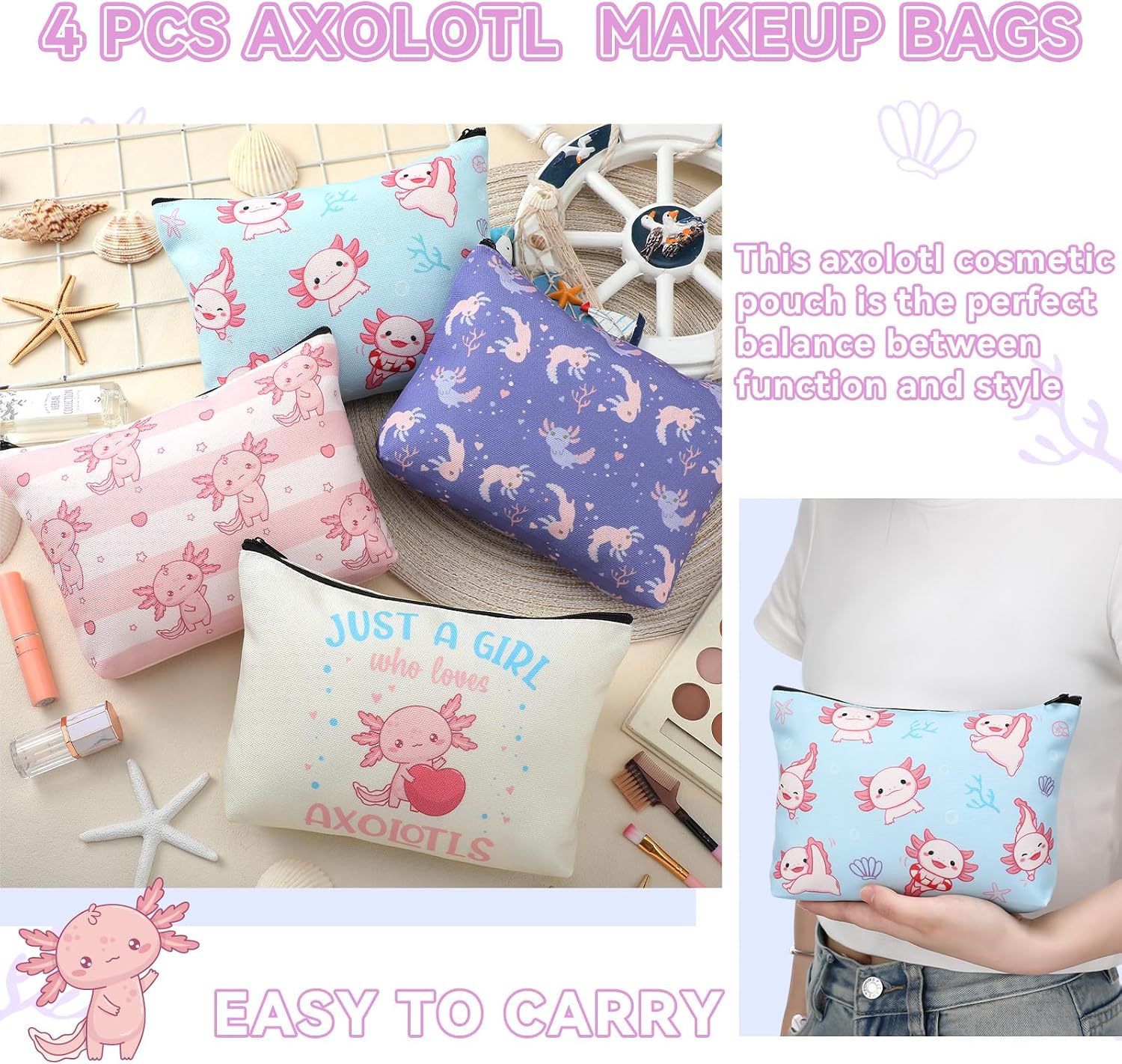 4 Pack Axolotl Cosmetic Bags for Women Girls Axolotl Lovers image 4