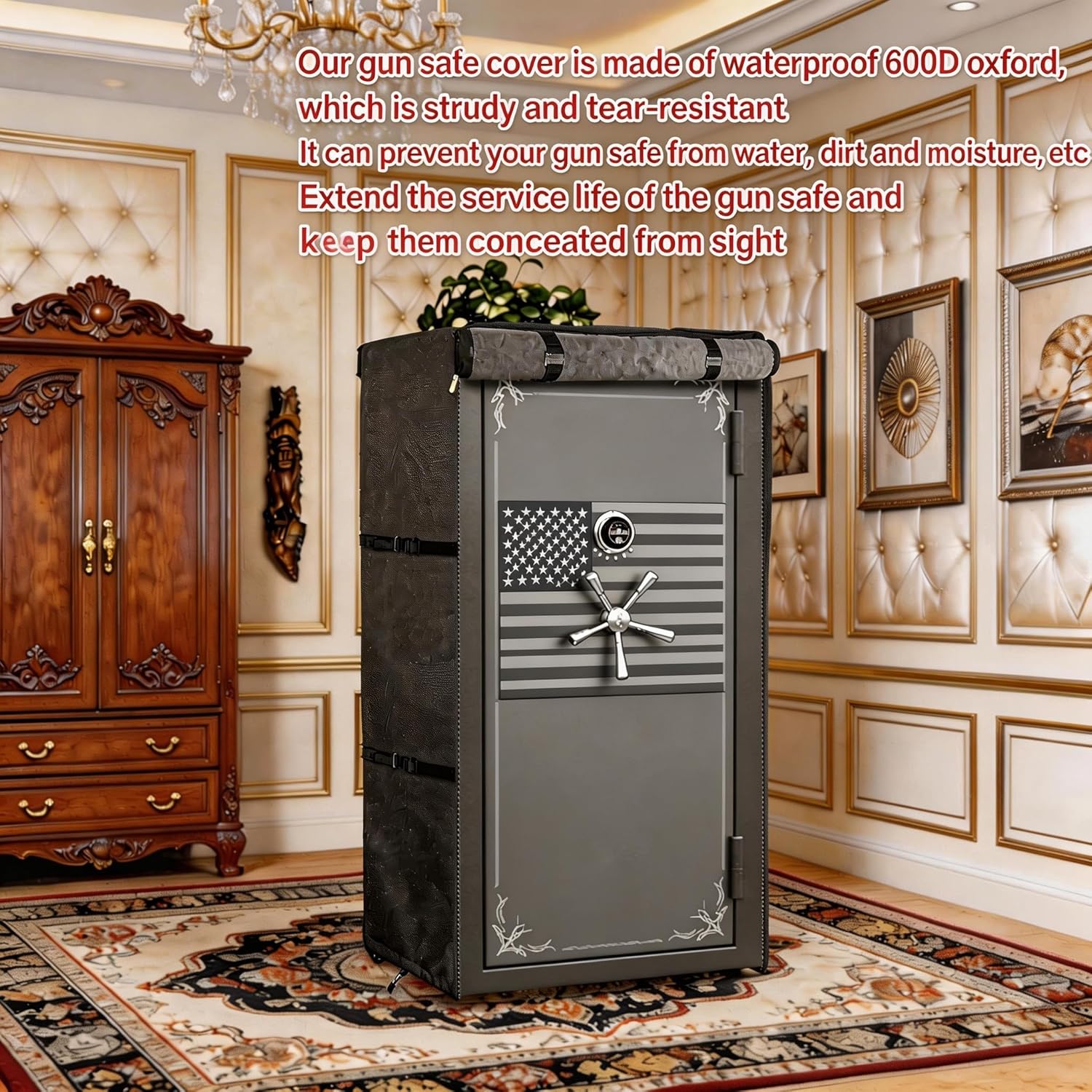 Gun Safe Cover Heavy Duty Waterproof 600D Oxford Fabric Dustproof Protective Case with Zipper Front & Adjustable Straps for Rifle & Pistol Cabinets 31Lx 26W x 60H Inches Black