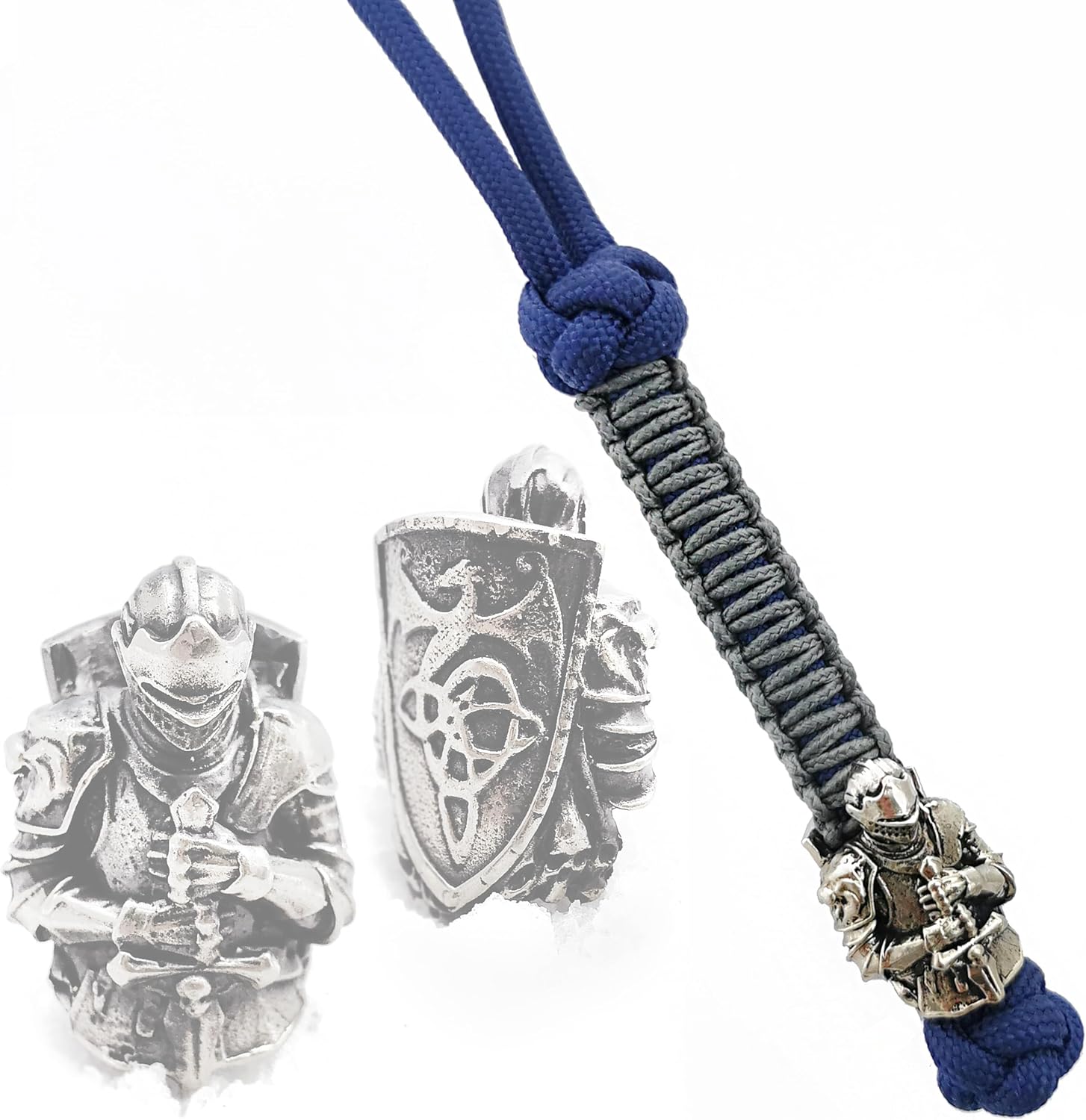 CooB EDC Paracord Knife Lanyard with Unique Hand-Casted Solid Metal Paracord Bead Pendant Knight, Warrior Collection. Hand Made Custom Keychain Lanyards (Knight Dragon Silver)