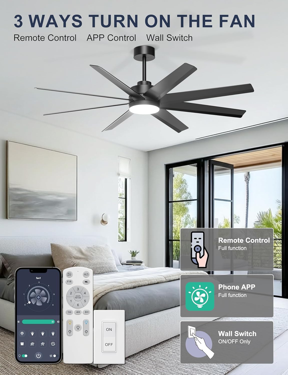 Ohniyou 60'' Ceiling Fan with Light - Modern Black 8 Blades Ceiling Fan Remote/APP Control, Dimmable, DC Motor Outdoor Fan for Covered Patio, Living Room, Shop, Garage