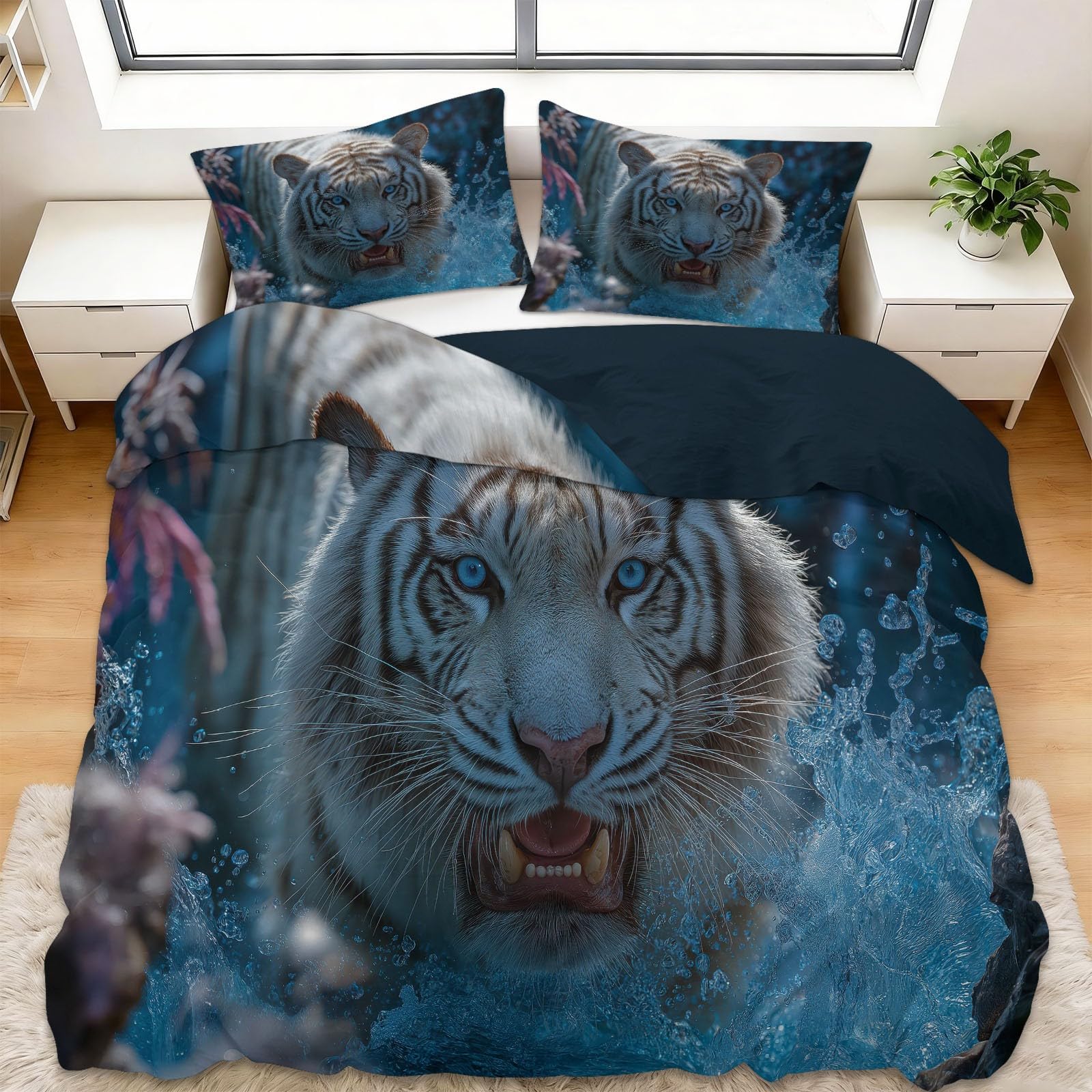 Housse de couette 90x190 tigre bleu marine Art Éthéré avec taie d'oreiller