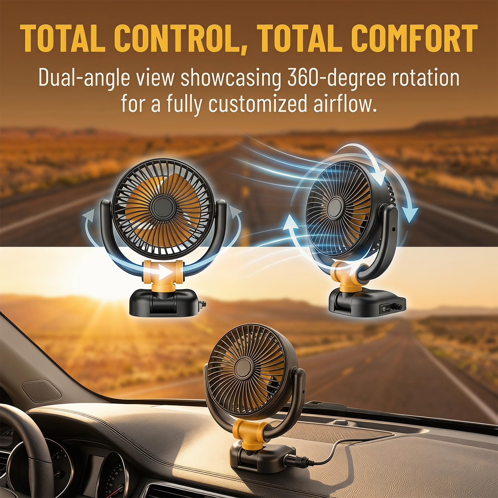 Ventilador Coche, Ventilador 12v Silencioso, Ventilador Coche Mechero, Ventilador Portatil, 360°Giratorio Viento Fuerte, para SUV RV Barco Carro