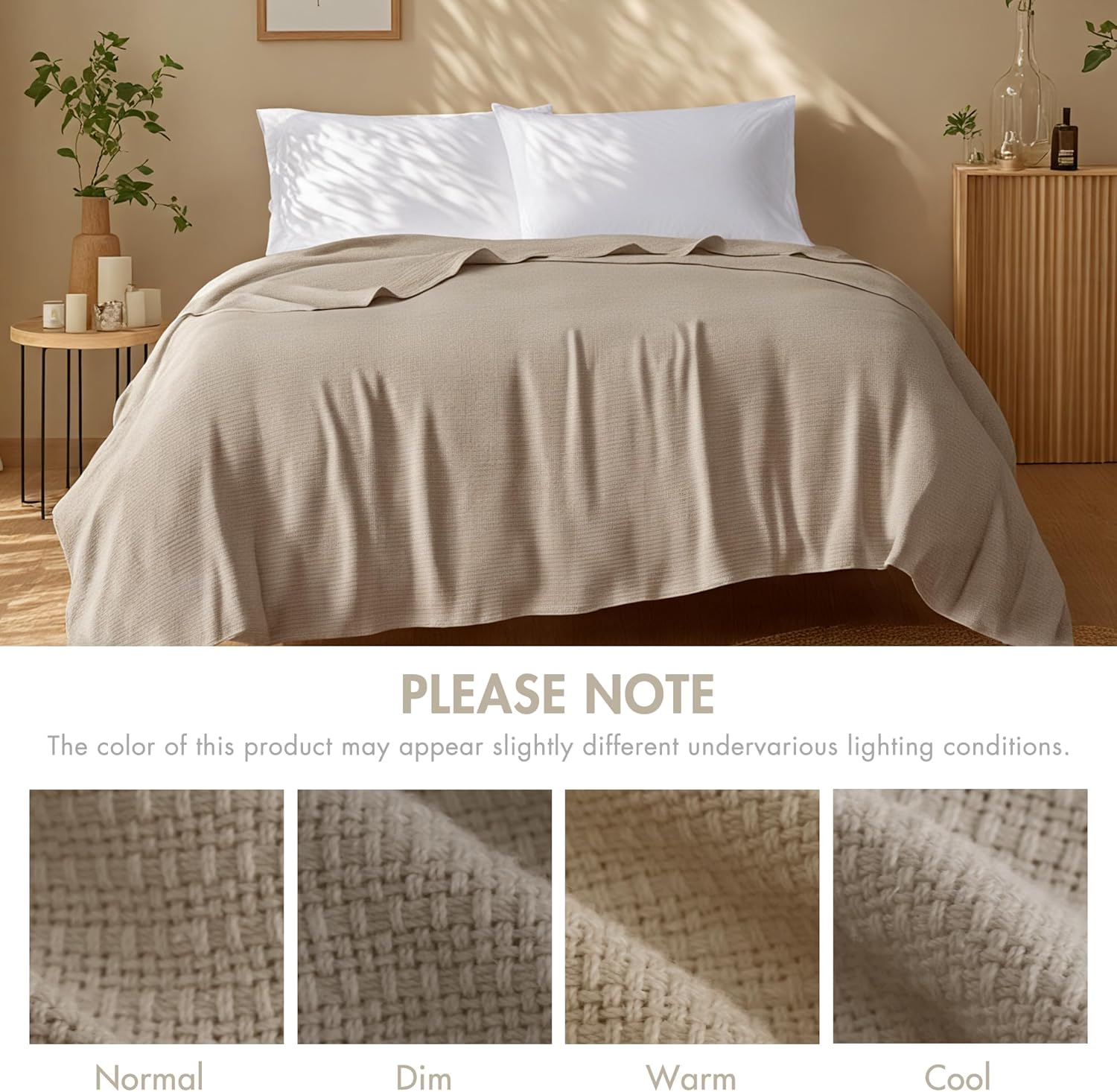 Madison Park Freshspun Basketweave Luxury Cotton Blanket Khaki 108x90" King Size Basketweave Premium Soft Cozy 100% Cotton For Bed, Couch or Sofa