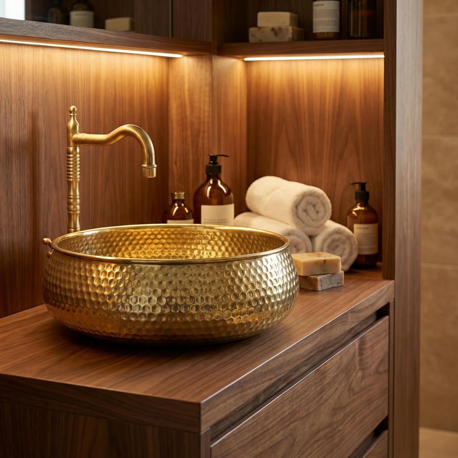 Custom Made 16 Guage Solid Brass Bathroom Sink, Round Coutertop Brushed Brass Bathroom Basin, Handmade Hammered Copper Above Counter Vessel Bowl sink for Kitchen or Bathroom (10"= 25cm)