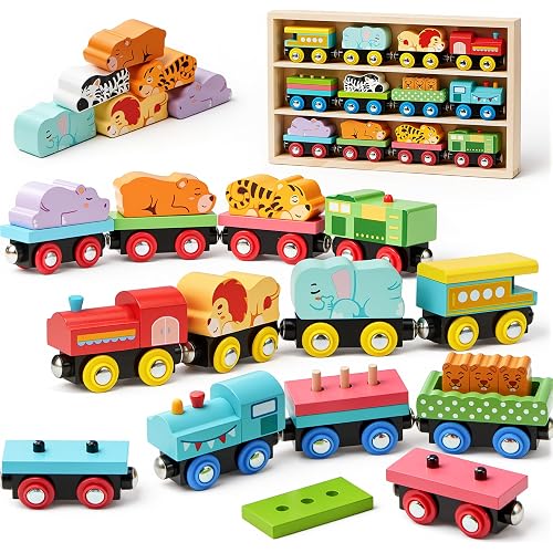 Montessori Animal Wooden Train Toy Set for Kids, 12PCS Magnetic Train Cars with Storage Gift Box, STEM Educational Toy for Boys & Girls, Ages 18Month - 8 Years, Easter Birthday Party Gift