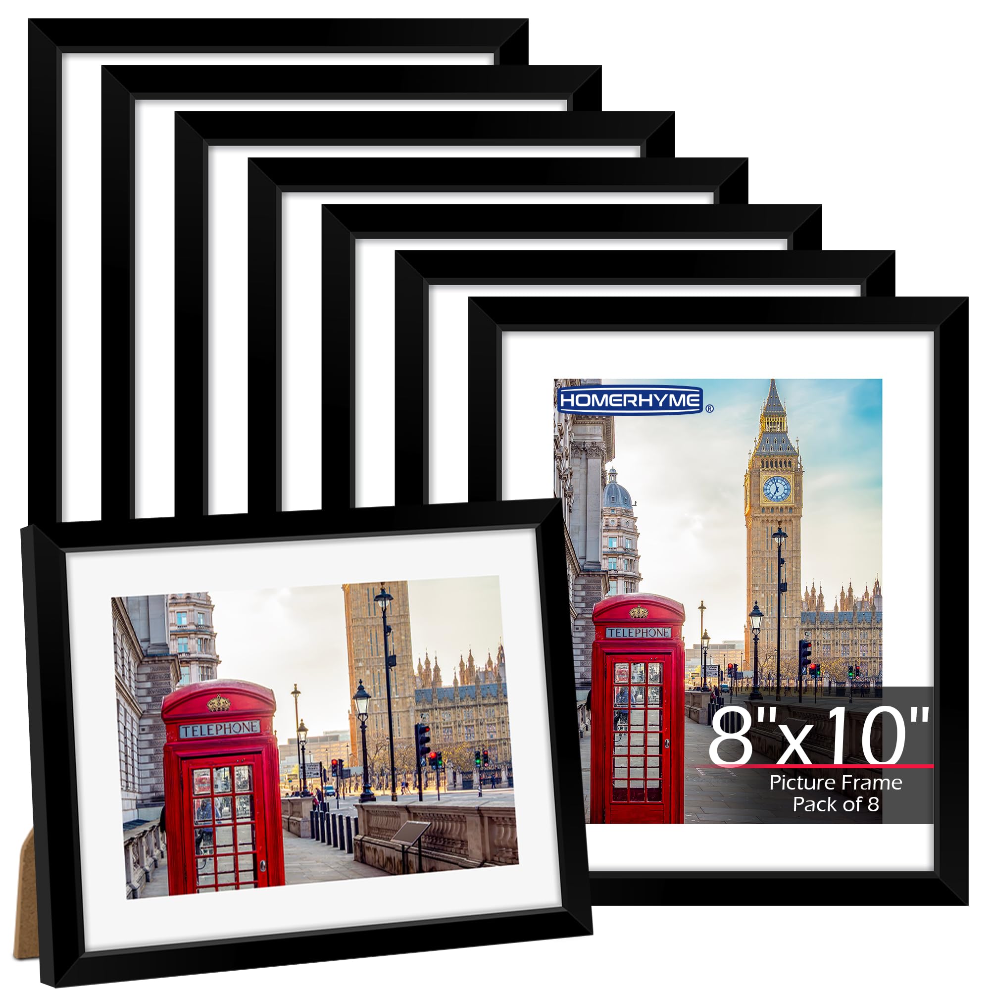 Photo 1 of HOMERHYME 8x10 Picture Frame Set of 8, Black Photo Frames for Tabletop or Wall Display, Fits Pictures 5x7 with Mat or 8x10 Without Mat, Frame Collage with HD Plexiglass for Gallery Home Wall Decor