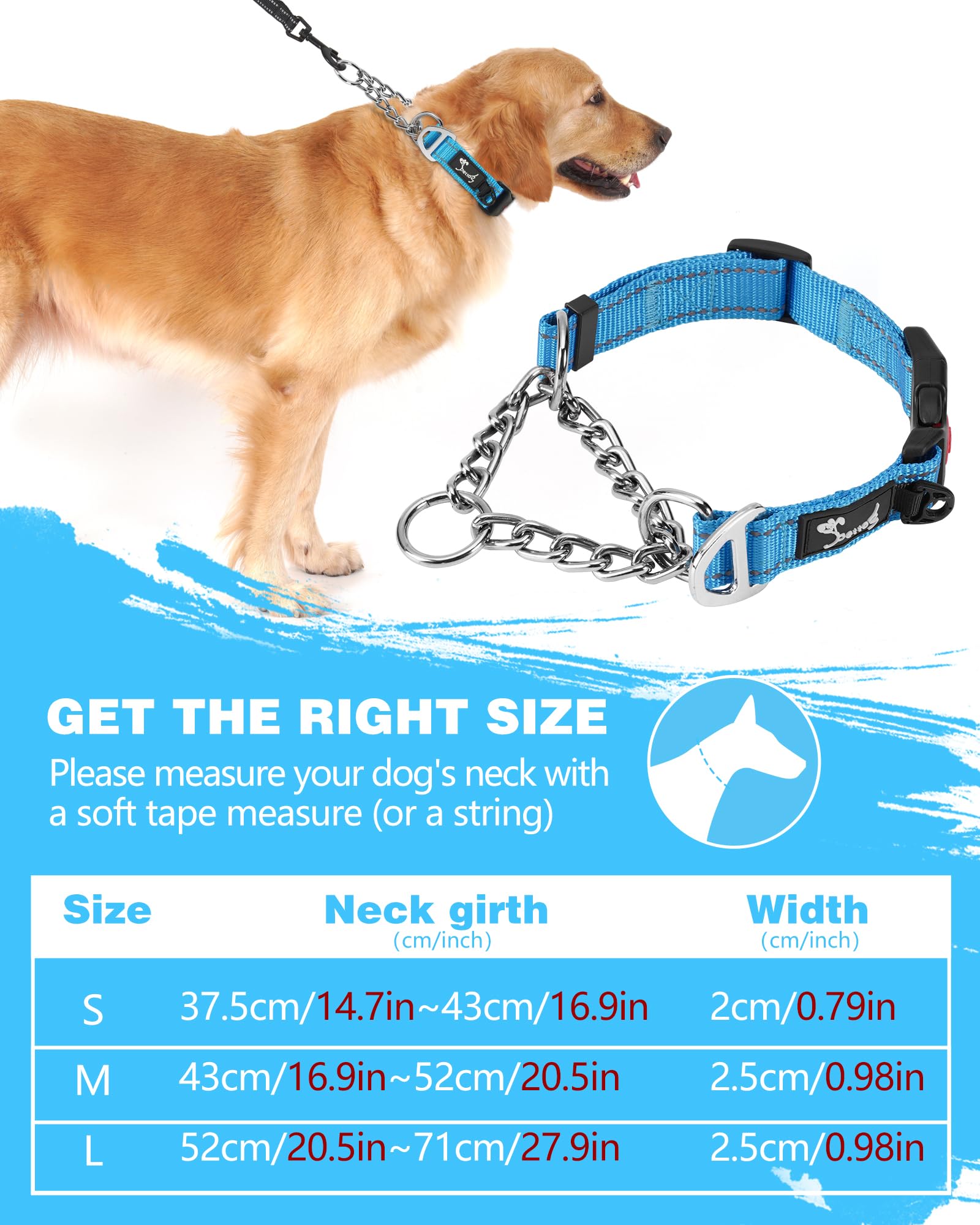 PETTOM Collare Semistrozzo per Cani Cane Addestramento Collari con Catena Regolabile Riflettente Anello di Metallo Nylon Imbottito Fibbia di Sicurezza Martingale Collare per Camminare Allenarsi Blu