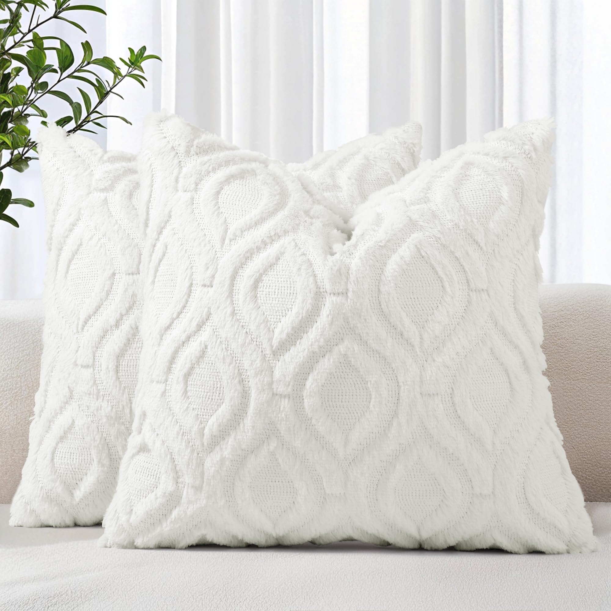 decorUhome Throw Pillow Covers 18x18 Inch Set of 2, Soft Plush Decorative Faux Fur Cream White Solid Couch Pillow Covers, Accent Farmhouse Neutral Square Euro Pillow Cases for Sofa Bed Living RoomOEKO-TEX STANDARD 100