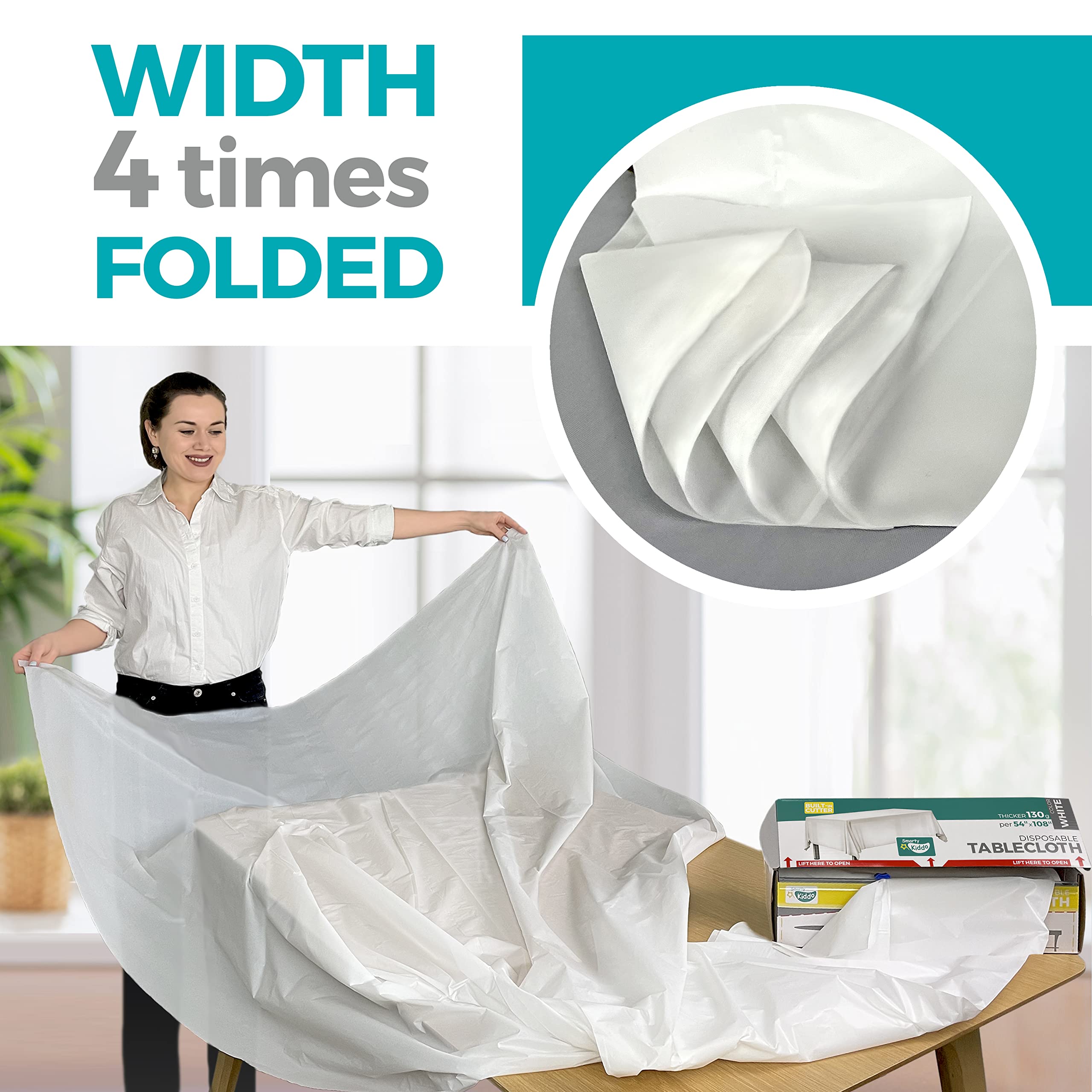Smarty Kiddo Rollo de Mantel desechable de plástico 54 x 100 pies, Color Blanco con Caja de Corte integrada, Mantel para Fiestas, picnics, Banquetes y Actividades para niños