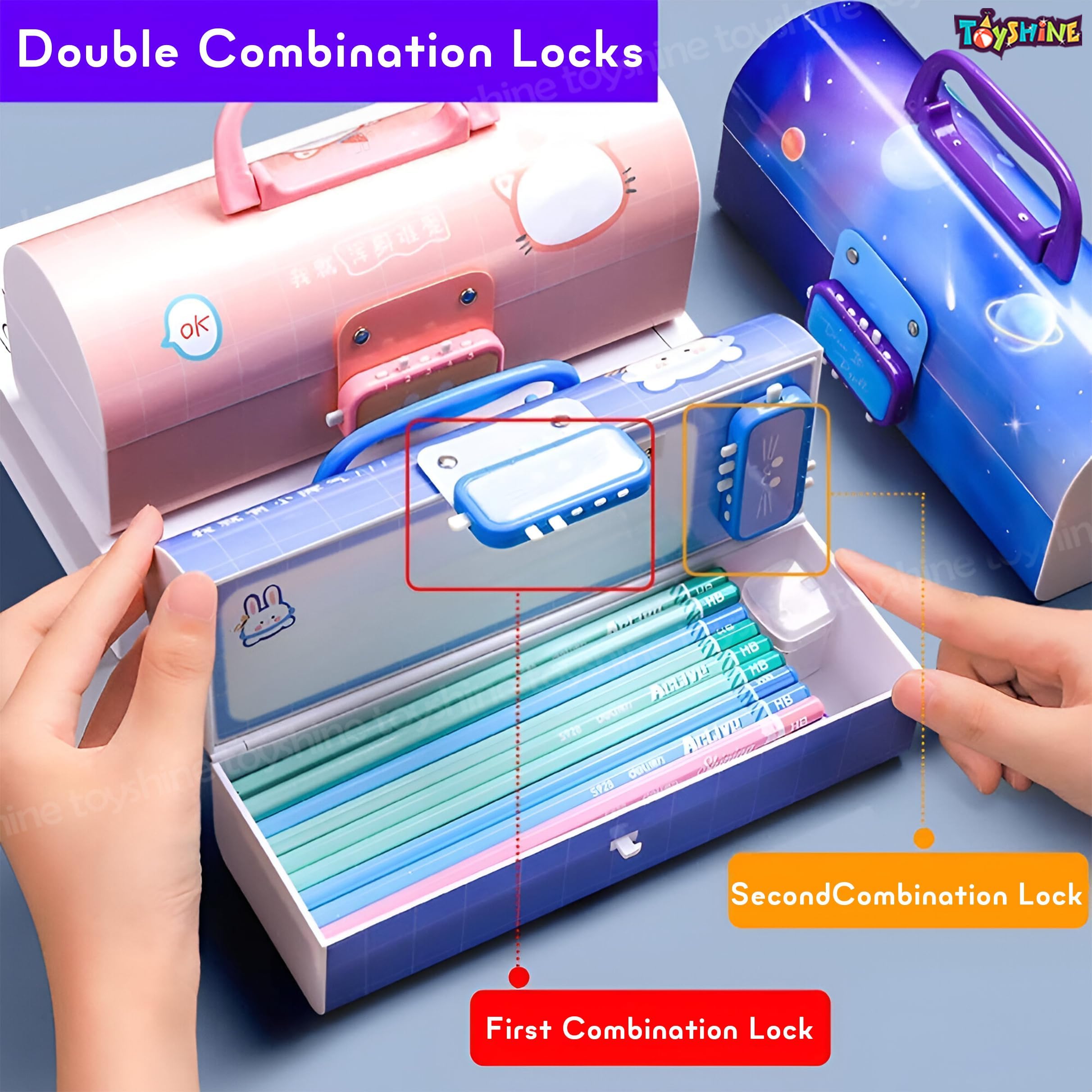 Toyshine Pencil Box with Code Lock Pen Case Large Capacity Multi-Layer Multi-Function Storage Bag Secret Compartment Pencil Box - Dino Pink 1