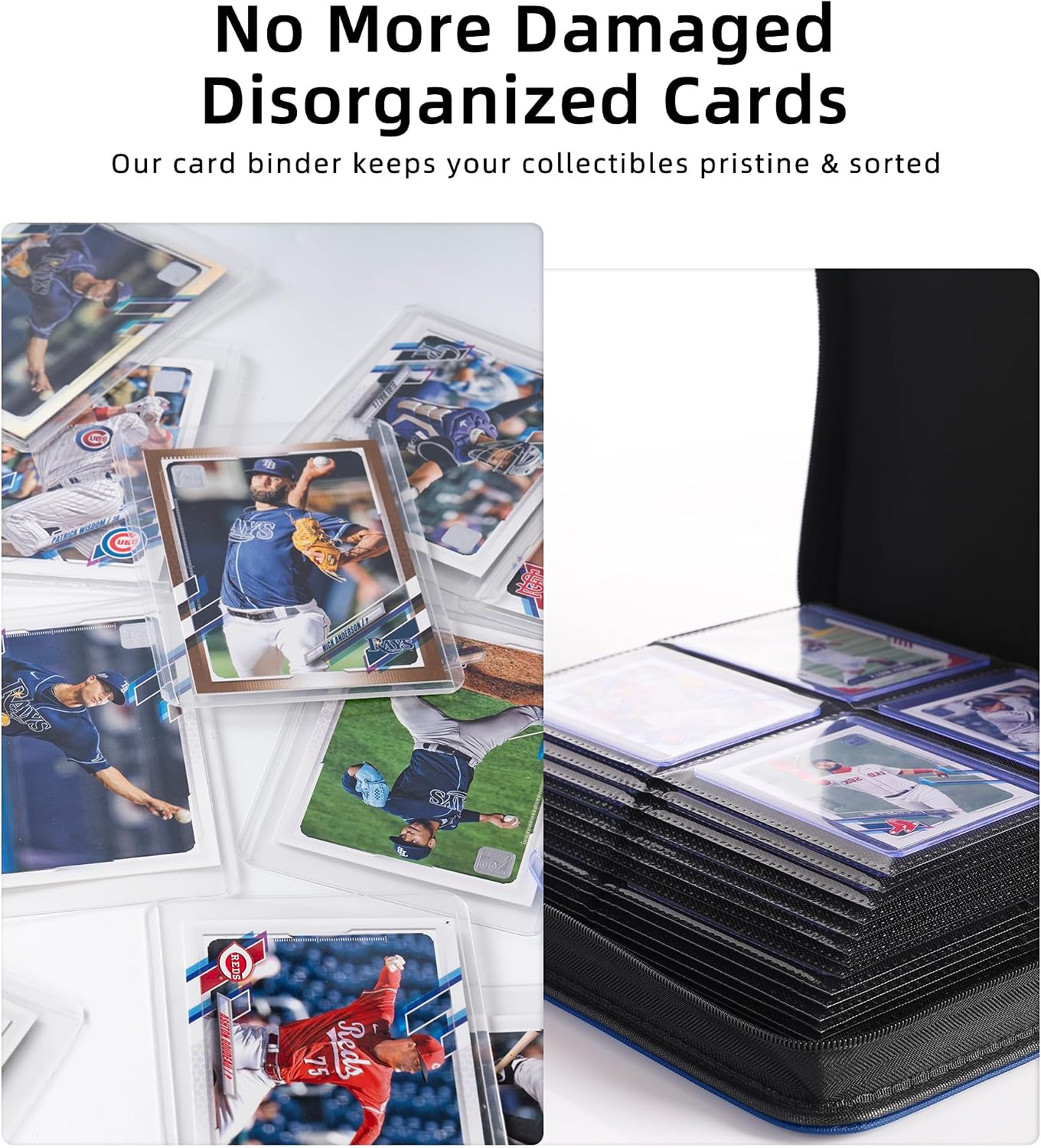 Top Loader Binder, Holds 128 Cards, 4 Pocket Zipper Binder for 3" x 4" Top Loader, Ringless Side-Loading Pages, Collectible Sports & Hard Sleeve Card Album (Navy Blue)