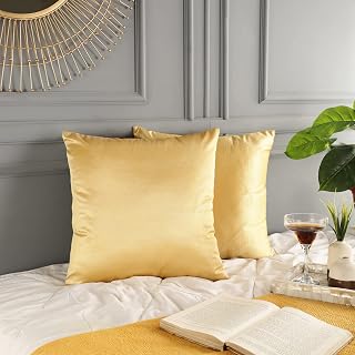 Rely+ Pack of 2 Throw Pillow Cover 18x18 Inch Gold - Solid Pattern Square Throw Pillow Case - Decorative Soft Cushion Cover for Bedroom, Farmhouse, Sofa, Bed, Chair, Couch & Car- Cover only