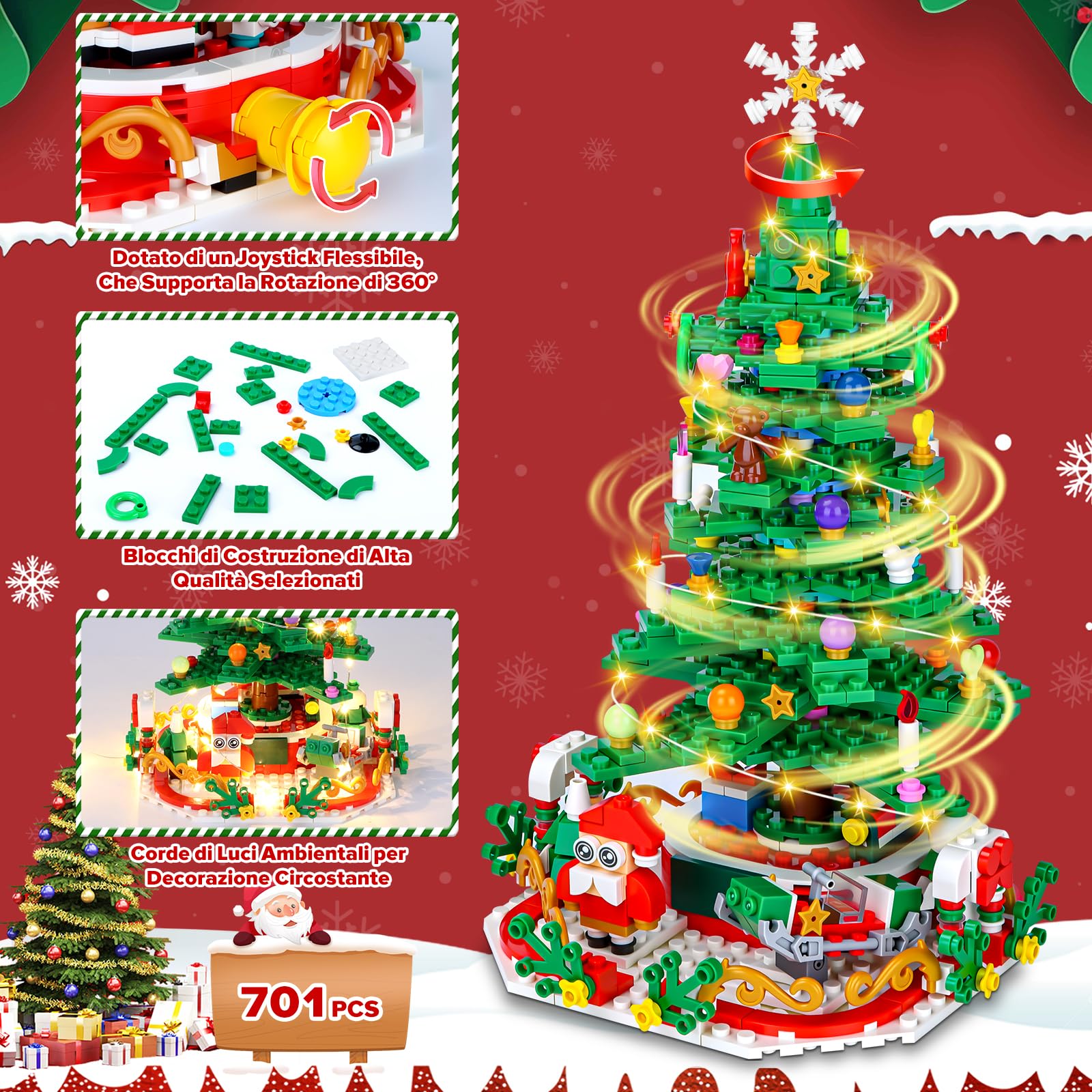 YOOHBERRYS Calendario Avvento 2025 Bambini, 24 in 1 Calendario dell'Avvento Rotante, 701 Pezzi Albero di Natale Mattoncini da Costruzione Giocattolo con Luce LED, Regalo di Natale per Bambini e Adulti