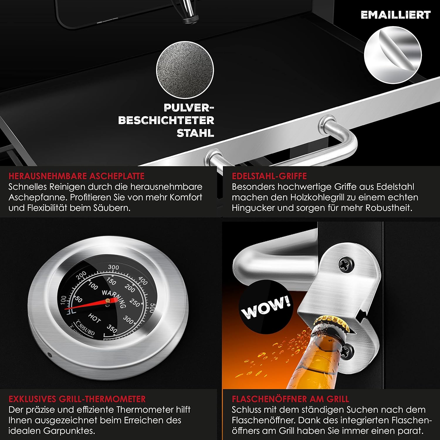 KESSER® Barbecue con carrello XXL Barbecue a carbonella con coperchio, ruote, manico in acciaio inox, griglia e termometro a carbonella,Grande barbecue a carbonella Barbecue da campeggio (Schwarz)