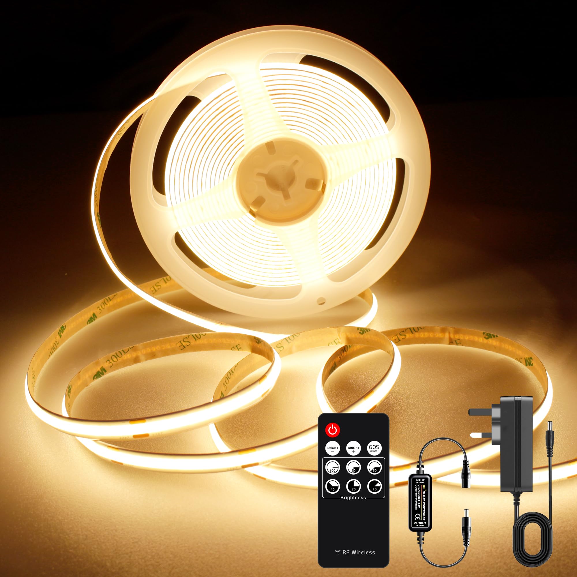 AXMOTUT COB LED Strip Lights 3m, 2700K Warm White Dimmable LED Strip, 960 LEDs Super Bright DC24V LED Light Strip CRI90+ with RF Remote and UKCA Power Supply for DIY Home Decoration — image 1